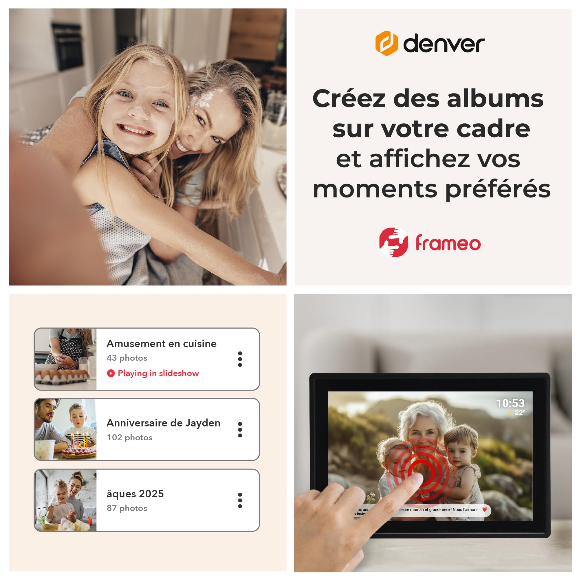 Denver PFF-1021B Cadre Photo numérique Wi-FI FRAMEO 10,1 Pouces, écran Tactile IPS 1280 x 800, mémoire 16 Go, Application iOS/Android, Noir