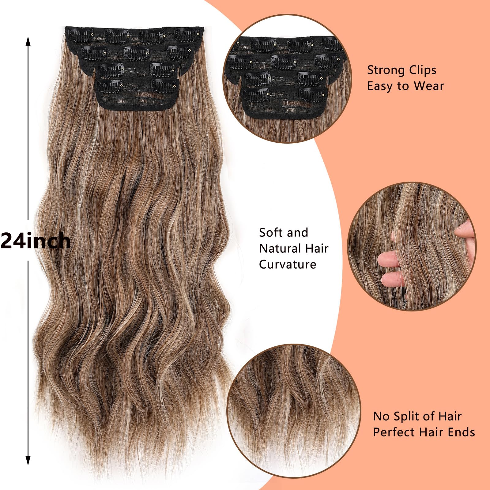 Mscat 24 Inch Clip Hair Extensions Dark Brown with Blonde - 4PCS Full Head Set Thick Curly Wavy Synthetic Hair Extensions - Image 3