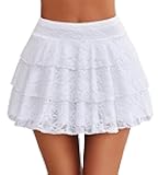 Women Pleated Mini Skirt Lace Ruffles Short Skirt High Waisted Floral Layered Skirts