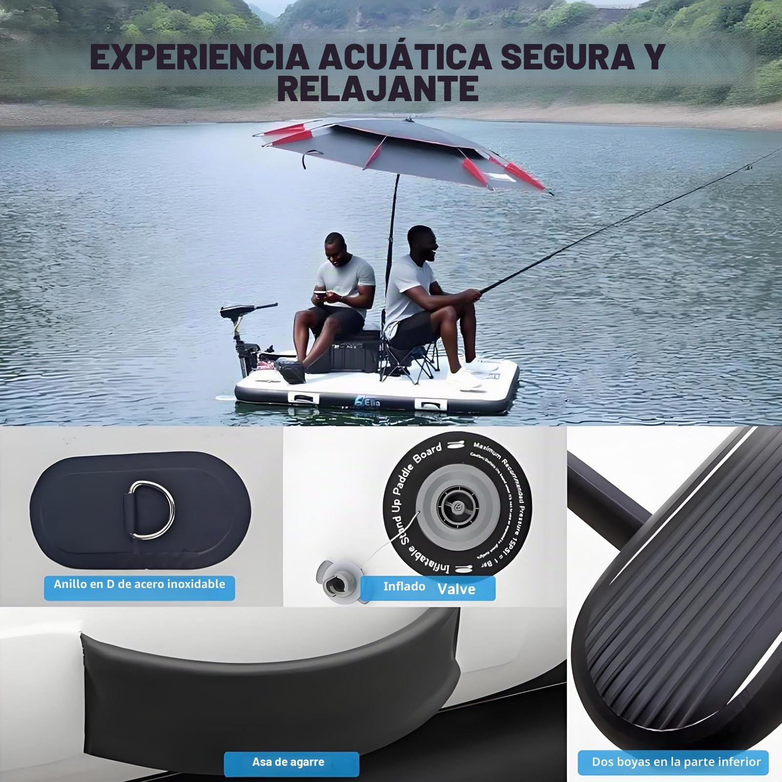 Pontón flotante inflable de alta capacidad 200 kg espesor 30 cm con hélices para pesca y actividades acuáticas al aire libre