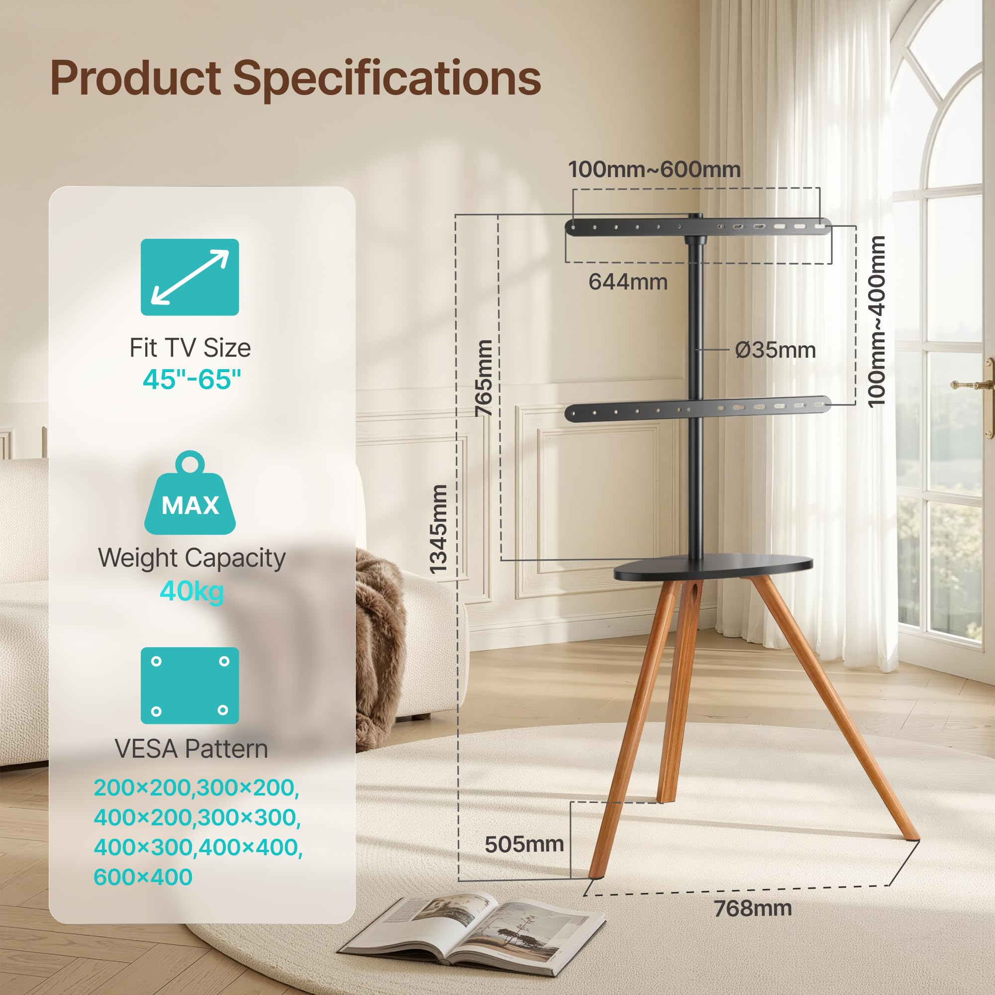 PEGZONE TV Ständer für 45 bis 65 Zoll LCD LED OLED Bildschirm bis zu 40 kg | Tragbarer TV Staffelei Holz mit Holztablett, Tripod TV Standfuss höhenverstellbar schwenkbar, Max VESA 600x400mm,für Haus