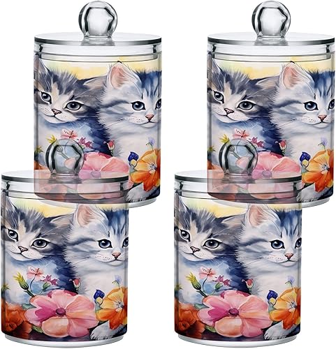 Miniatura 7 de Paquete de 2 dispensadores de soporte Qtip con tapas, contenedores de almacenamiento de plástico de flores de gatito de gatos, organizador de