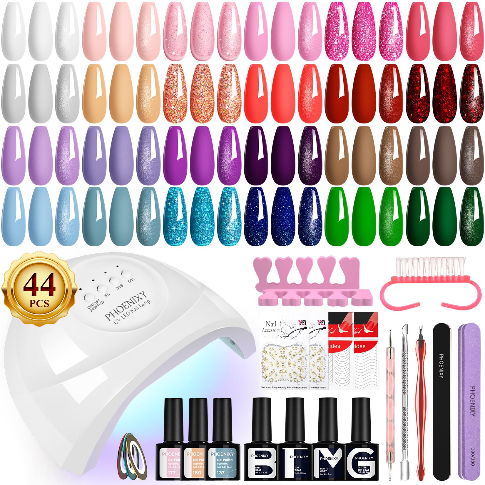 PHOENIXY Gel Nail Polish Kit with U V Light 48W, 44 Pcs 72 Effect Gel Nail Polish Set Base Glitter Top Coat Manicure Nail Tools Gifts for Women