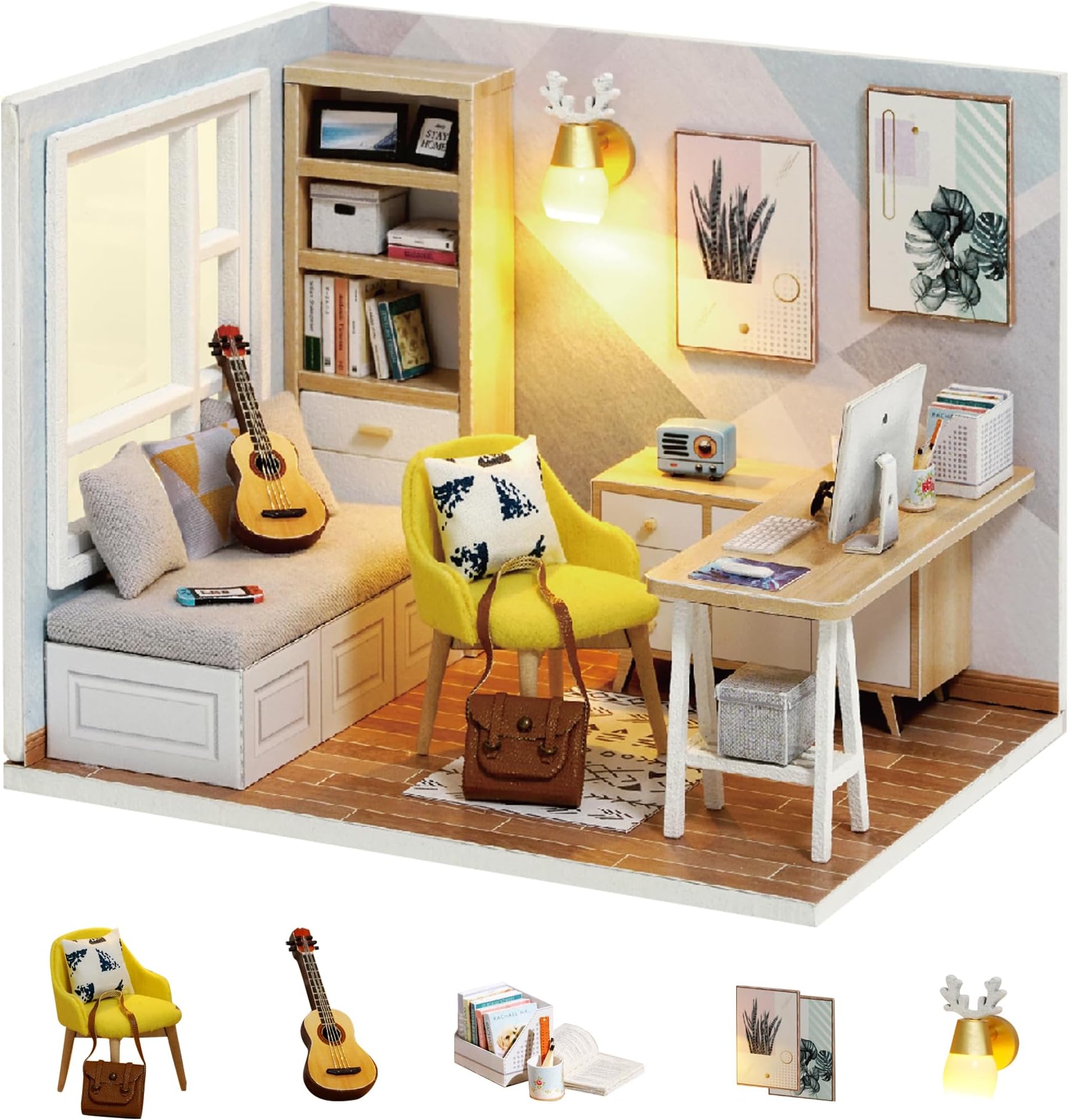 Flever Dollhouse Miniature DIY House Kit Creative Room with Furniture for Romantic Artwork Gift (Sunny Study)