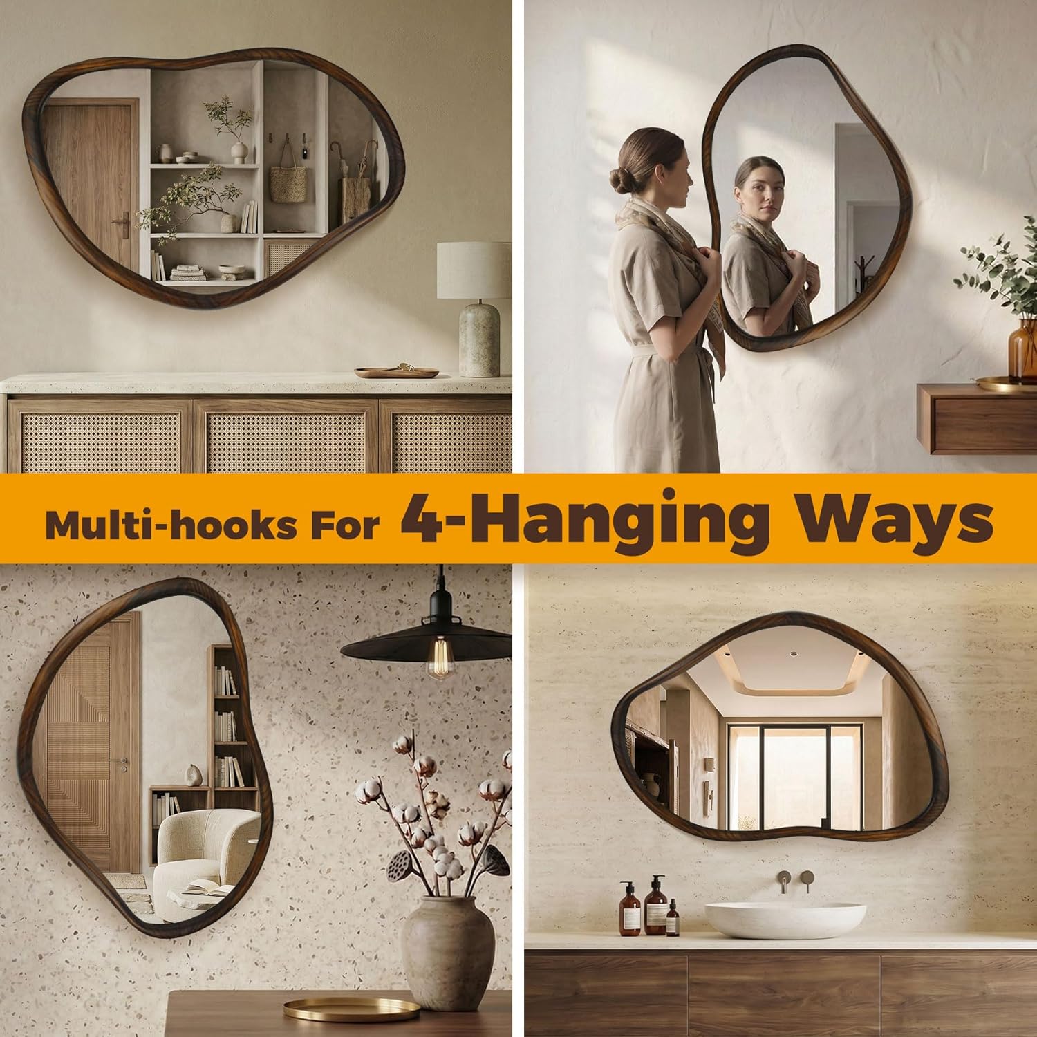 35"x24" Irregular Wood Asymmetrical Walnut Framed Mirror, Wavy Decorative Bathroom Vanity Mirror, Rustic Farmhouse Mirror for Bathroom/Bedroom/Living Room/Entryway, Vertical or Horizontal Mount