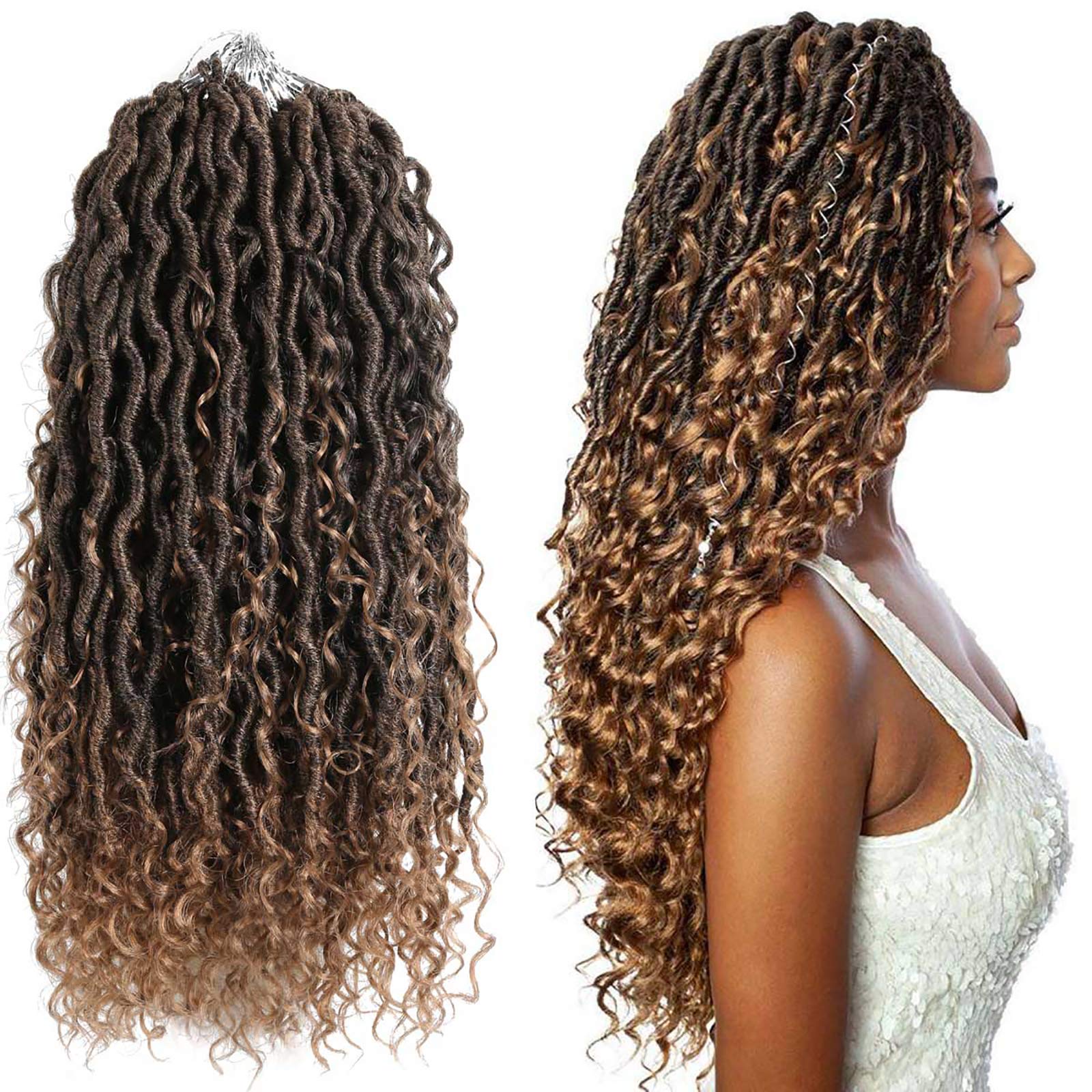 New Faux Locs Crochet Hair For Black Women 18 Inch Goddess Locs Crotchet Hair With Curly Ends Soft Pre Looped Boho River Locs Crochet Braids For Black Women,Ombre Honey Blonde Colored Synthetic Loc Braiding Hair,Itch Free(5 Packs,18",T1B/27#)