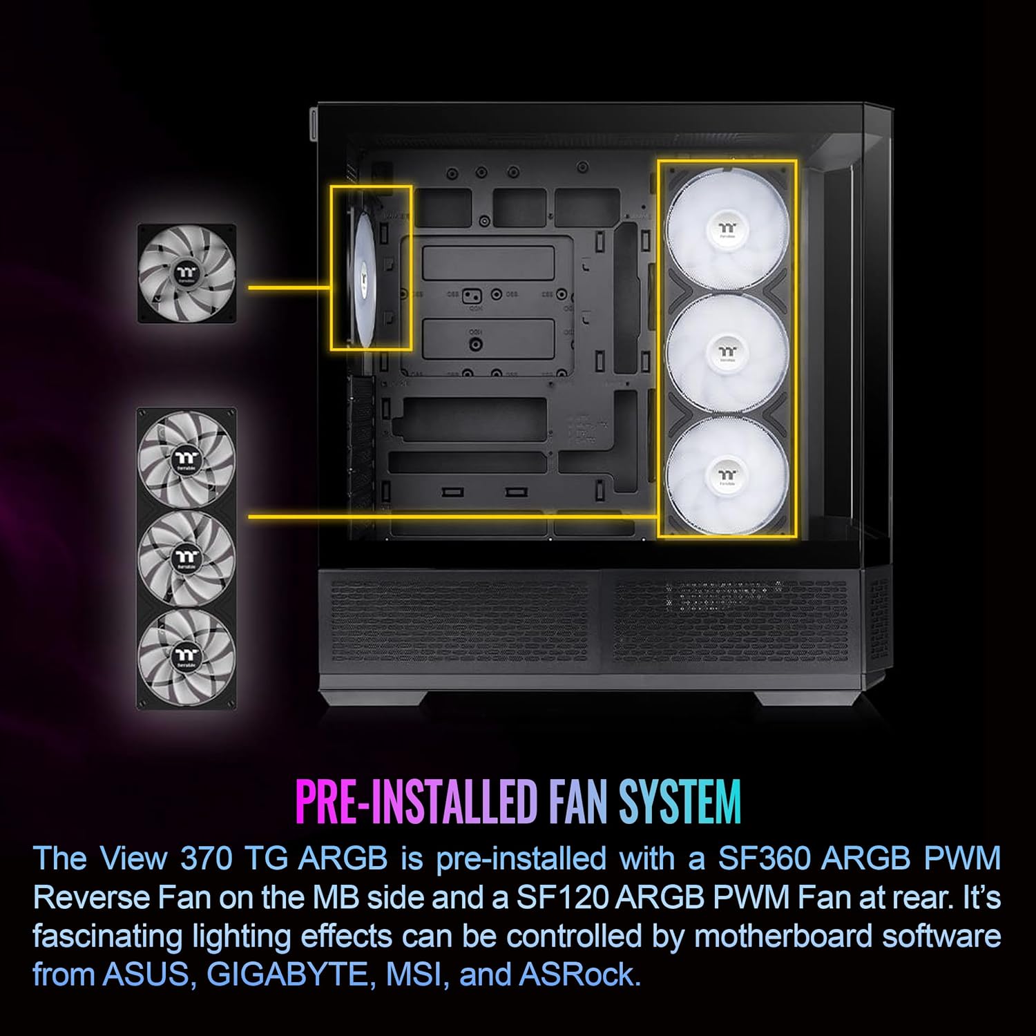 Thermaltake View 370 TG ARGB Mid Tower; 1x360mm & 1x120 ARGB PWM Fans Included; 360mm Rad Support; 420mm GPU Clearance; Hidden Connector Support (ATX/mATX); Vertical GPU Support;Black;CA-11N-00M1WN-00