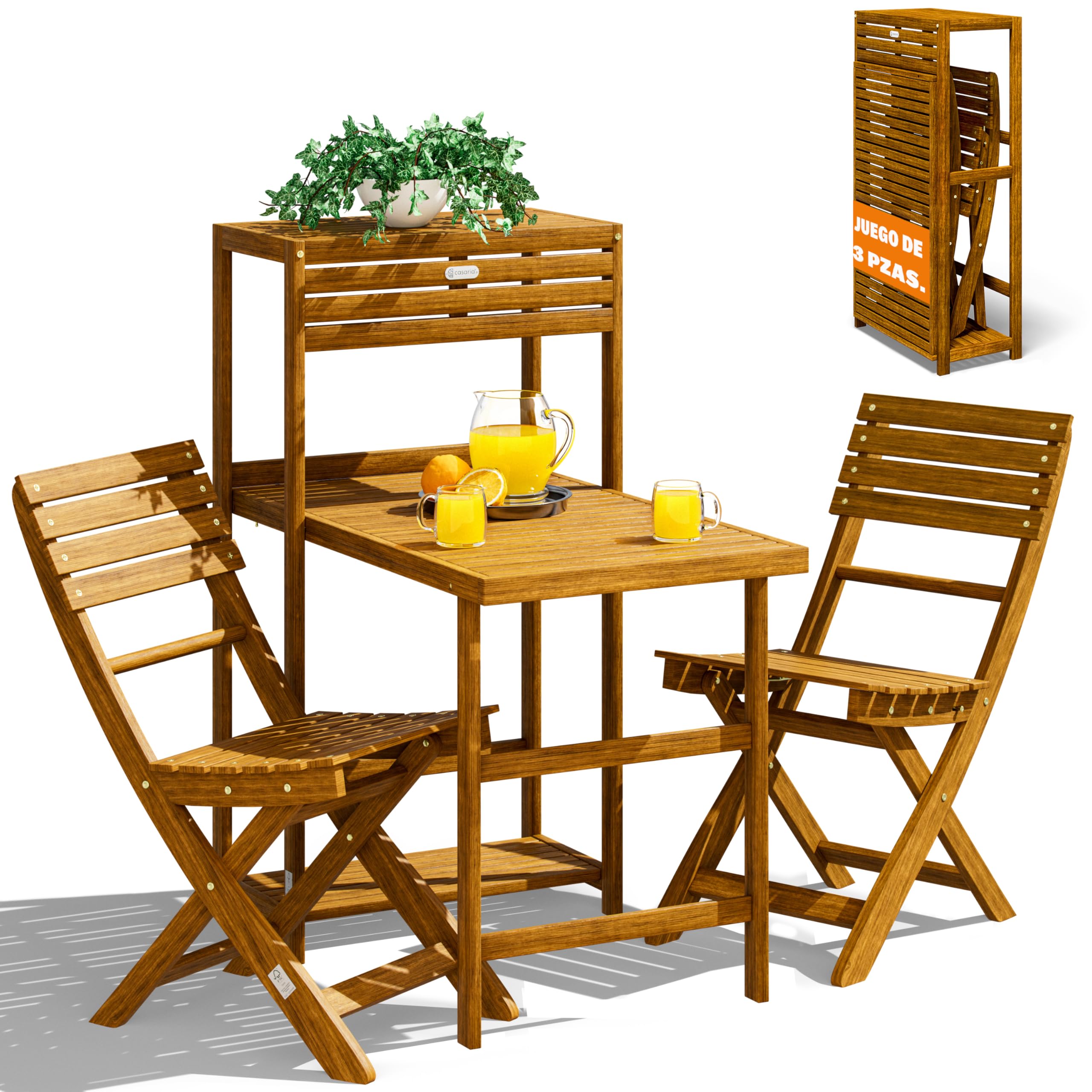 CASARIA® Set Muebles de Balcón Plegables 3Pzs Madera Acacia Resistente Intemperie Certificación FSC® Juego Terraza