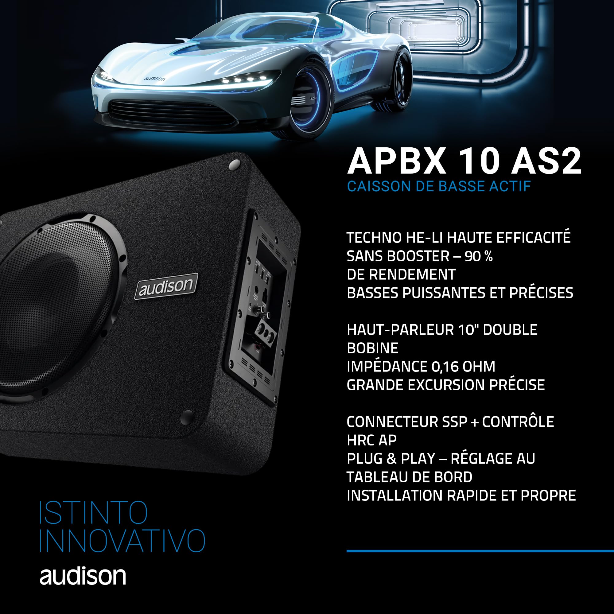 Audison APBX 10 AS2 – Subwoofer Actif 250 mm en Caisson Clos, ampli intégré, Basses Profondes et maîtrisées, Puissance Max 800W | boîte scellée, amplificateur intégré, papier pressé hydrofuge