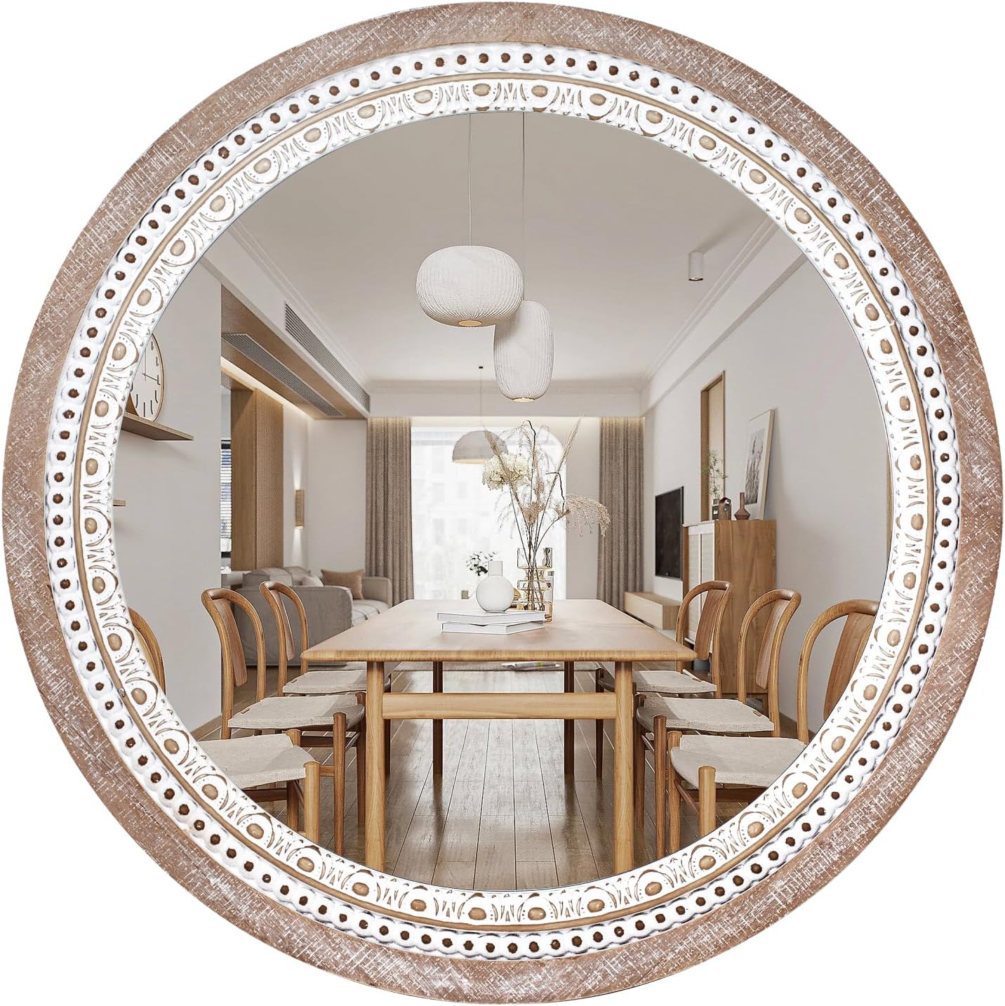 Reflinto 24 Inch Wooden Round Mirror for Wall Decor, Farmhouse Boho Circle Mirrors with Beaded Frame, Decorative for Bedroom, Bathroom, Living Room, Entryway