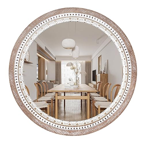 Reflinto 24 Inch Boho Wooden Round Mirror for Wall Decor,