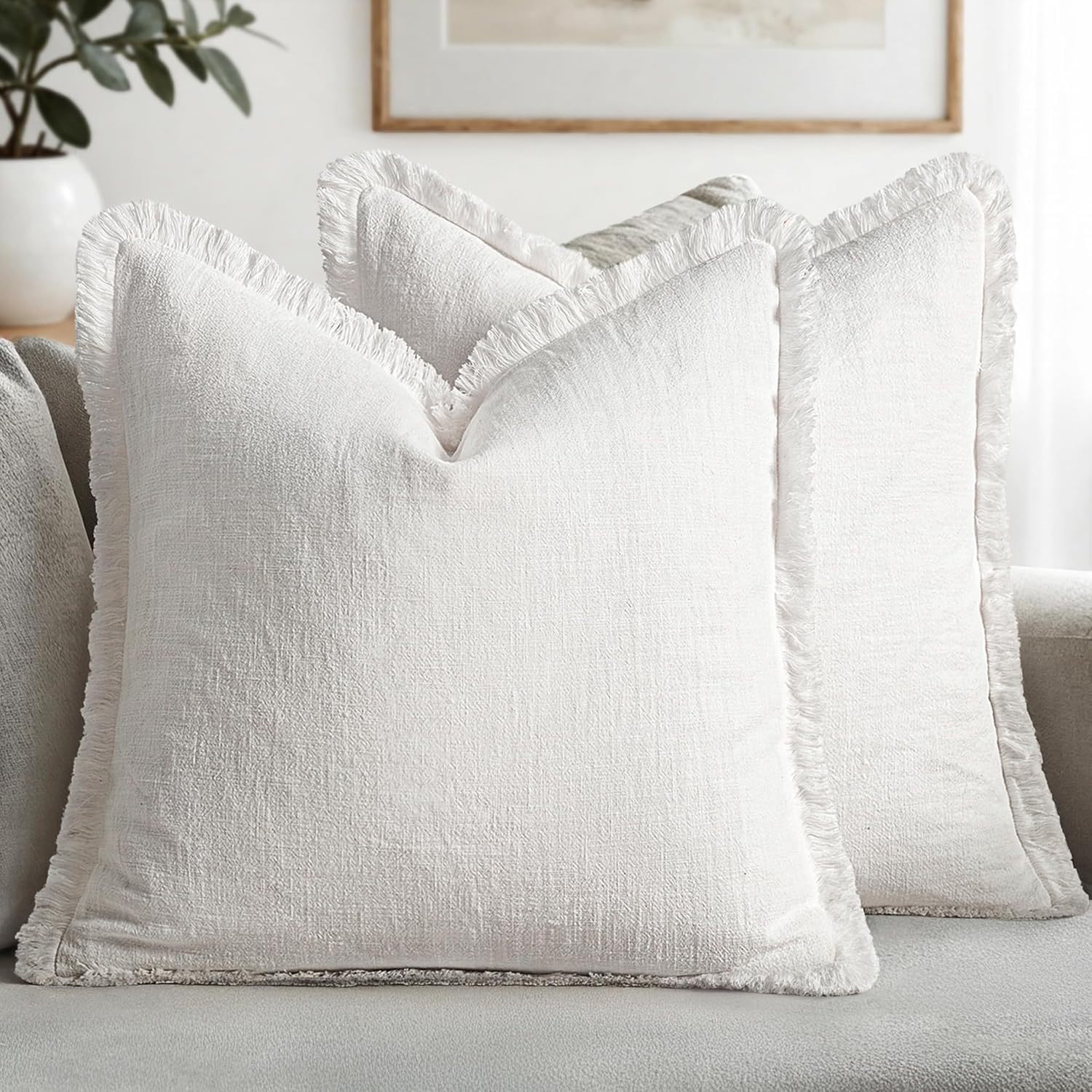 MIULEE Boho Linen Fringe Decorative Euro Throw Pillow Covers White 28x28