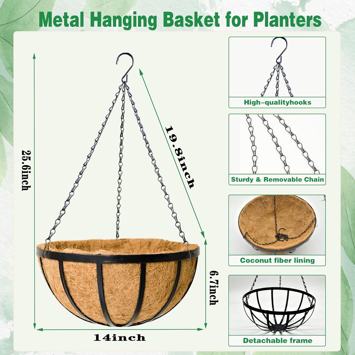 4 Pack 14 Inch Hanging Planters for Outdoor Plants Metal Hanging Planter Basket with Coco Coir Liner Round Plant Black Flat Iron Metal Flower Pots for Deck Patio Porch Garden Balcony