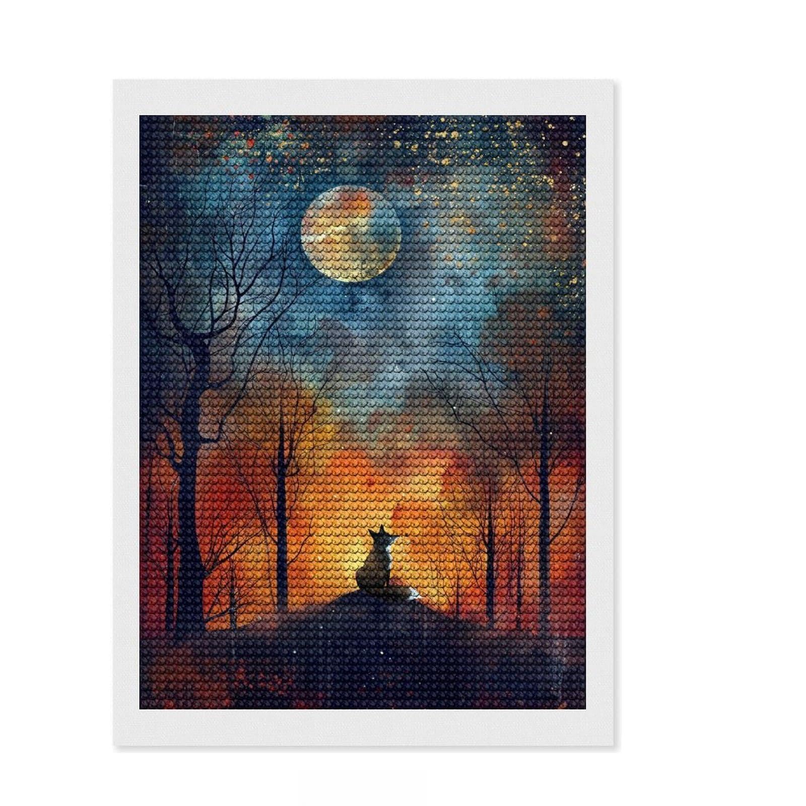 Junmoney Moonlit Fox Dreams Crystal Diamond Art Kit 12"x16", Cute Room Decor, Stress Relief Craft, Artistic Hobby, Vintage Style Decor
