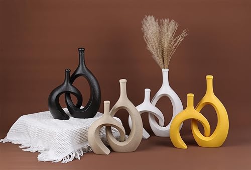 Miniatura 6 de WUBIANJIE Jarrón de cerámica amarilla, decoración bohemia moderna, amarillo mostaza, redondo, base antideslizante, perfecto para sala de estar