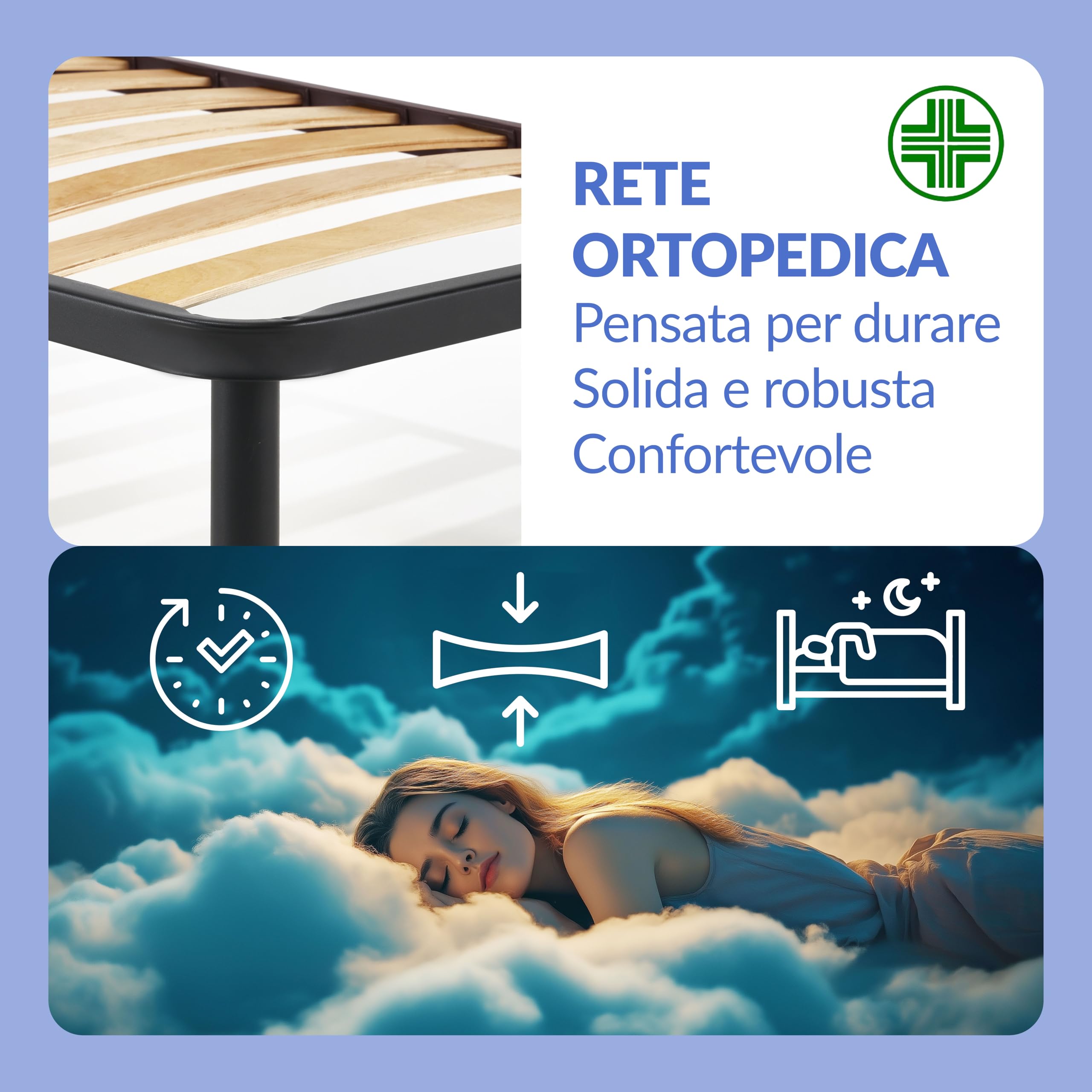 NUVOLA Atena - Rete Letto Singolo 80x190 con Doghe in Legno, Rete Singola Ortopedica con Struttura in Ferro e Piedi Smontabili, Durevole e Robusta - Ideale Per Tutti i Tipi di Materassi, Made in Italy