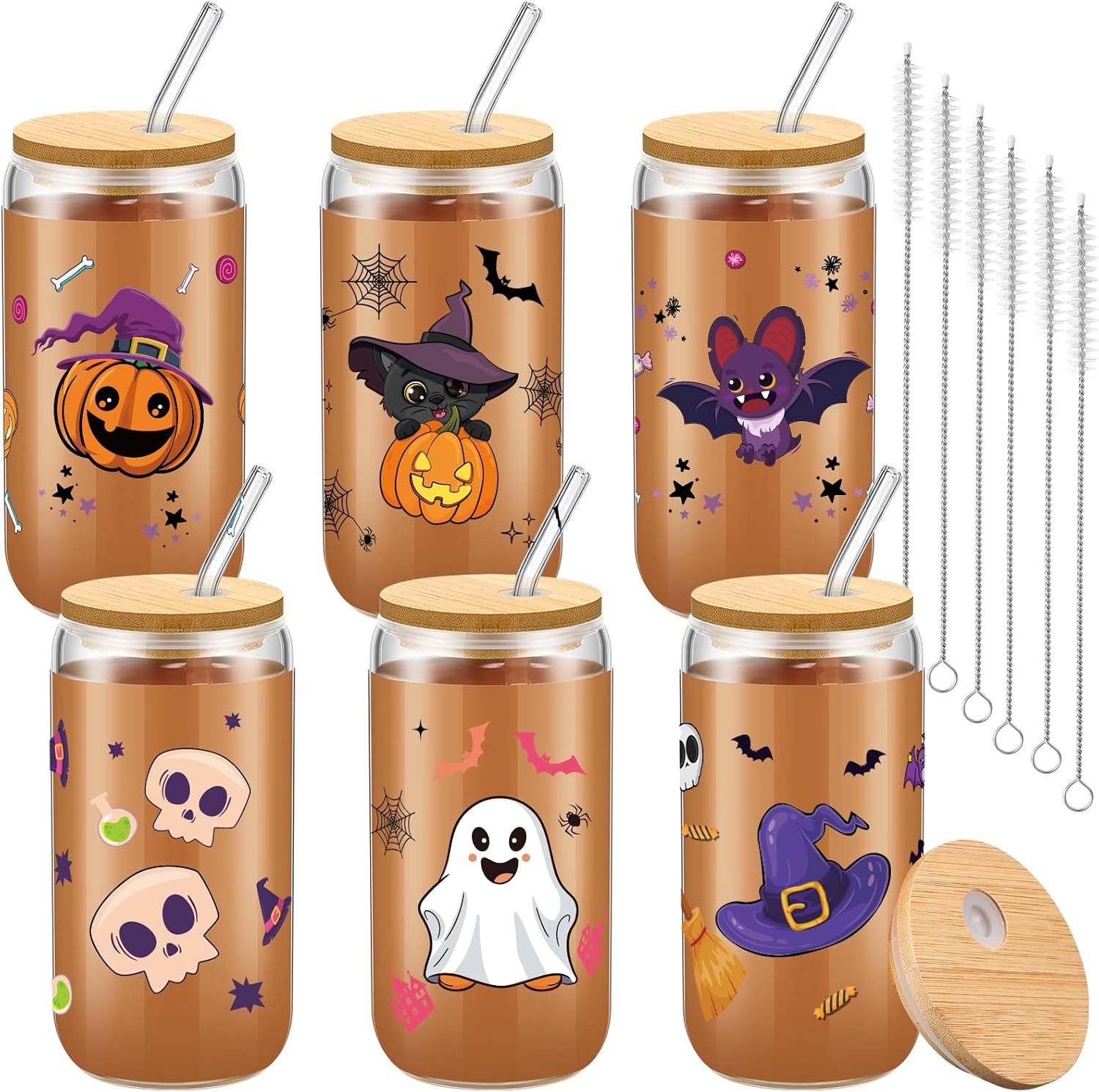 Teenyyou 6 Set Halloween Glasses Cups 16 oz Pumpkin Ghost Skull Bat Iced Coffee Cup With Lid Straw Cute Drinking Beer Tumblers for Halloween Party Gift Basket Stuffer