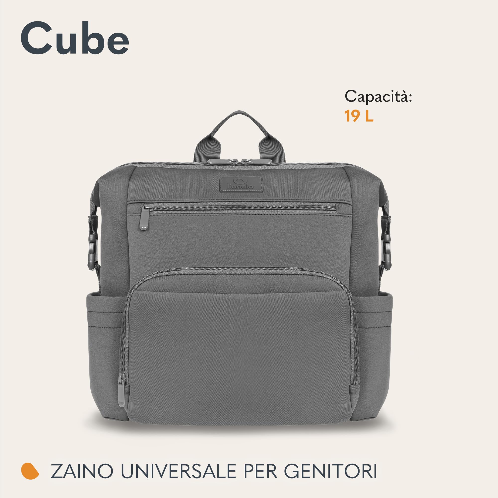 lionelo Cube zaino da città, leggero per passeggiate e viaggi con bambino, multifuntzione 12 tasche, Resistente, Impermeabile, Tasca termica, Agganciabile al passeggino, Fasciatoio, 36x36x23cm