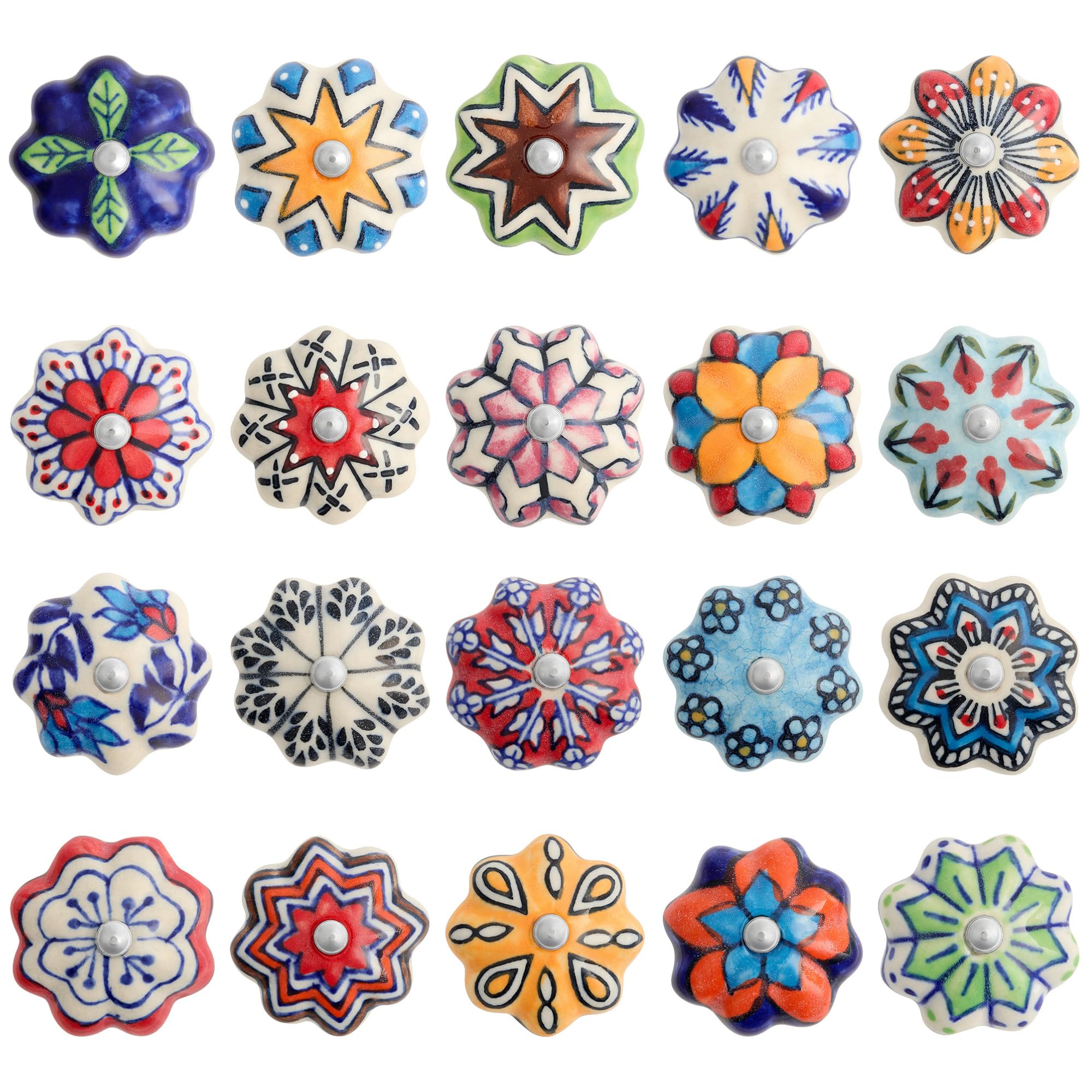 Pomelli vintage per mobili in ceramica dipinti a mano. Pomelli per mobili, cassetti, armadio e Porta Cucina - Multicolore, Design Unico in un box che contiene 20 pomelli