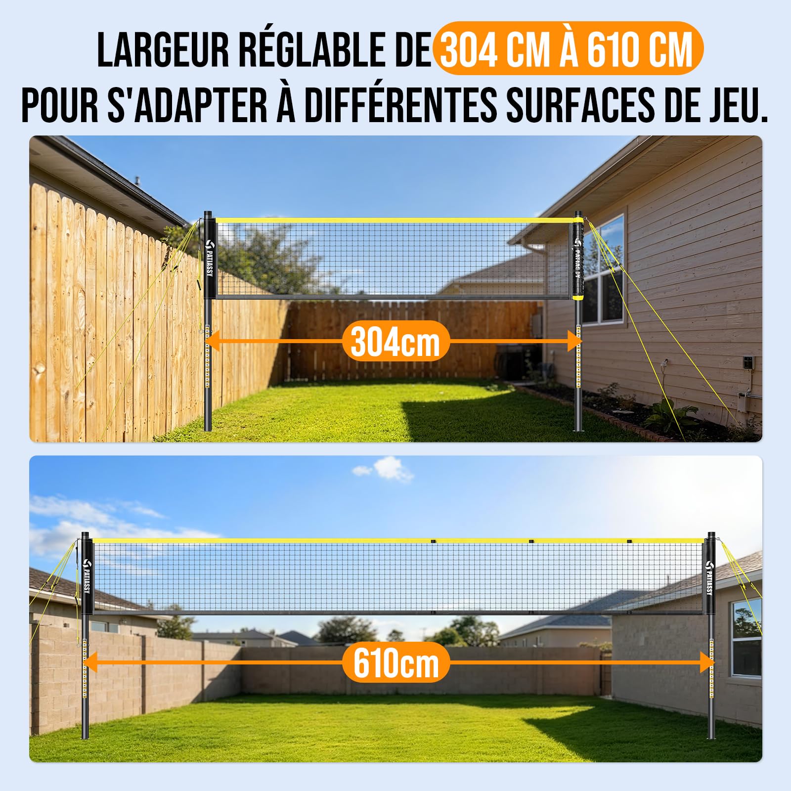Filet de Badminton de 6.1m,Largeur réglable de 3-6m, Portable et Pliable, utilisable à l'intérieur comme à l'extérieur, idéal pour Adultes