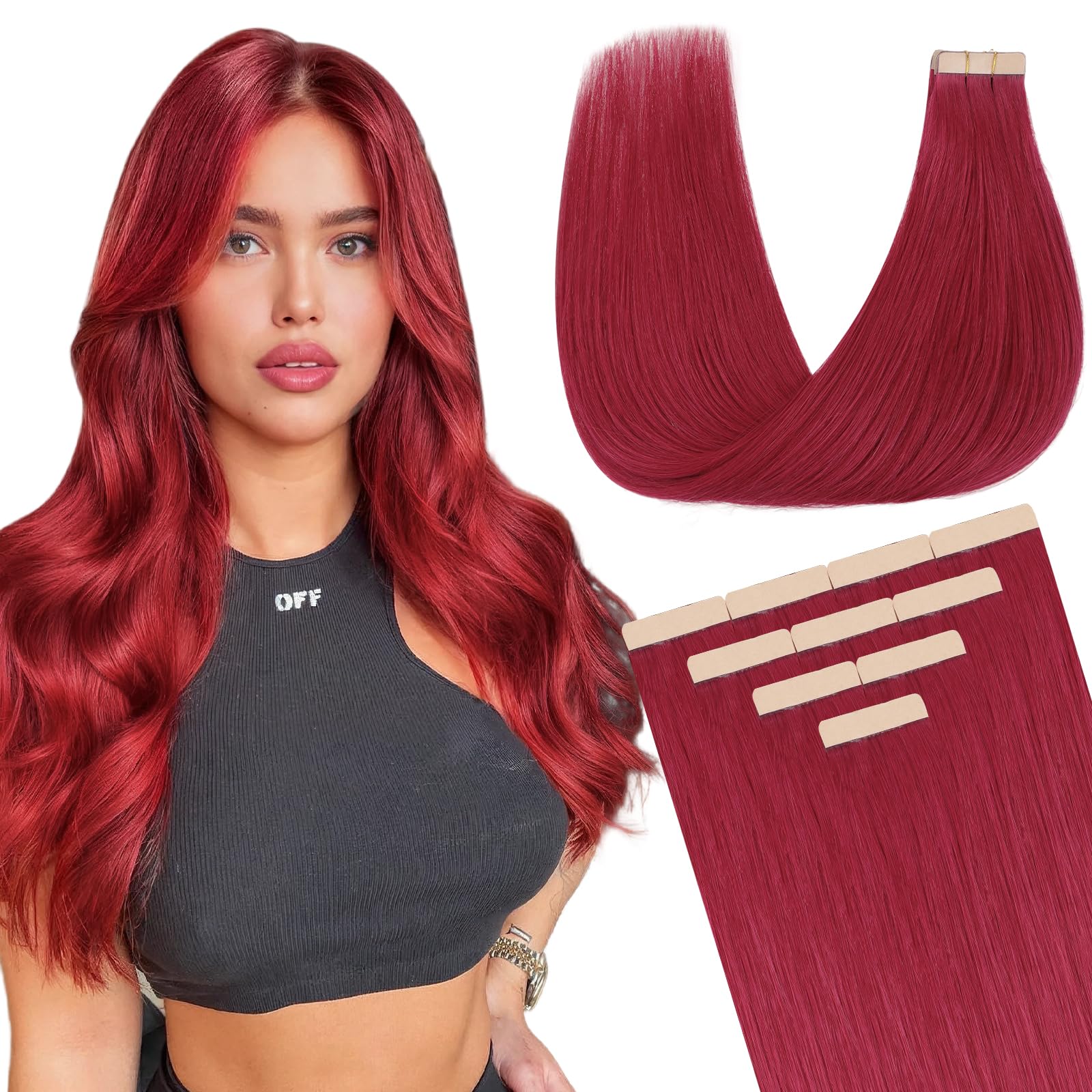 DOORES Tape in Hair Extensions Human Hair, Burgundy Red, 14 inches 10pcs 25g, HIGHLIGHT or SUPPLEMENT