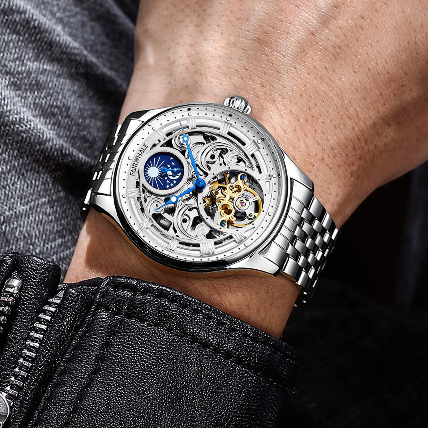 TEINTOP Reloj mecánico automático para hombre, diseño de esqueleto con cara blanca, sol y fase lunar