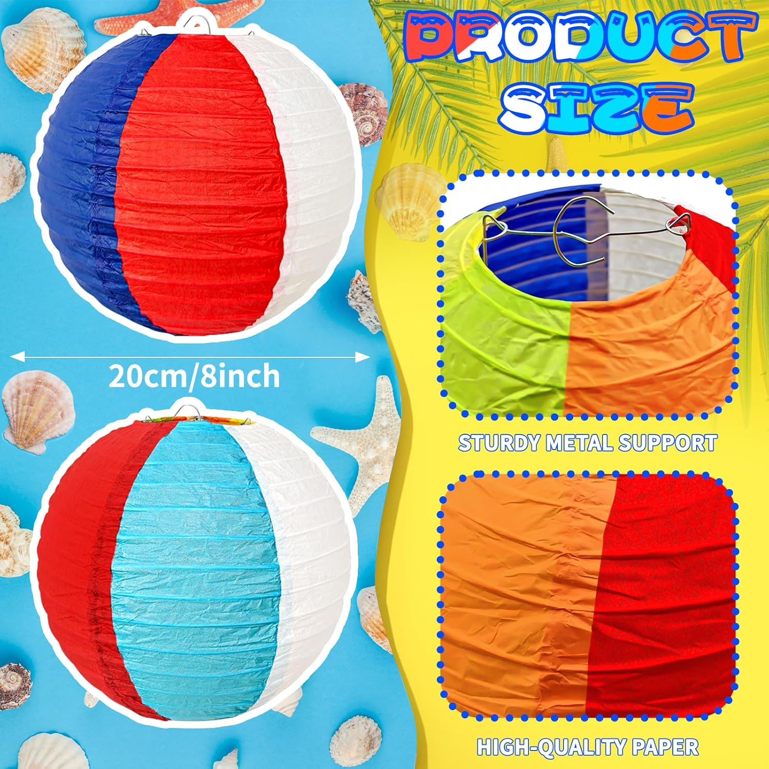 12 Pack 8 Inch Beach Ball Paper Lanterns - Summer Classroom Decorations & Pool Party Hanging Decor, Reusable Hawaiian Luau, Ocean Theme Birthday & Beach Party Supplies for Indoor Outdoor
