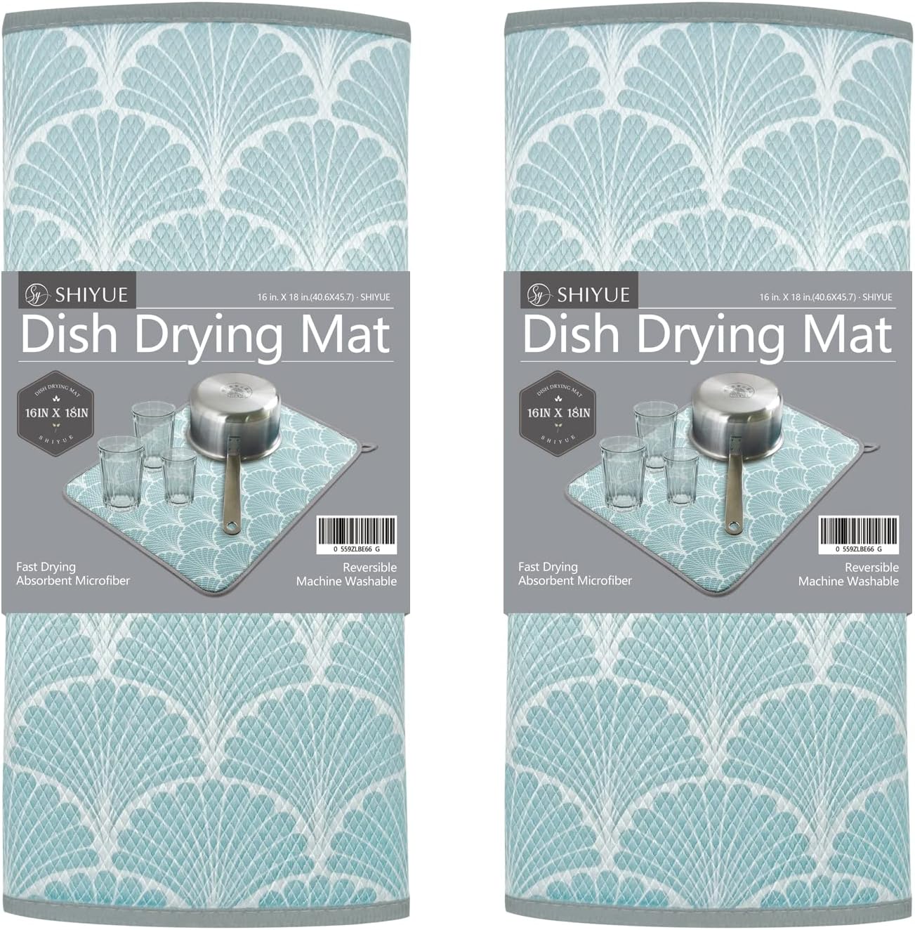 SHIYUE Dish Drying Mat for Kitchen Counter Super Absorbent Spring Kitchen Decor Microfiber Drying Matainers Rack Fast Pad Dish Drainer Mats(Aqua Blue Shell Geometric,16''x18'')