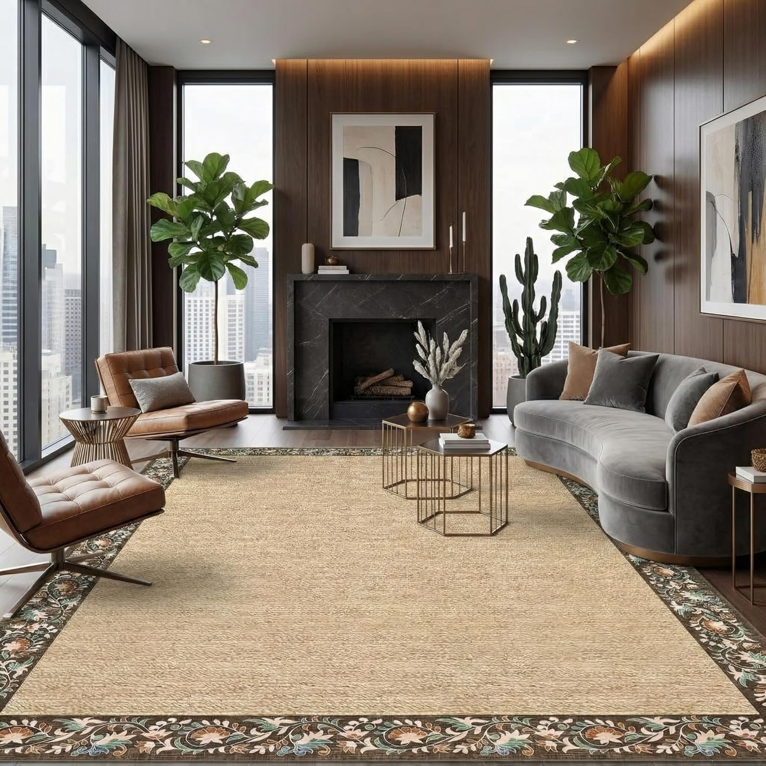Garvee Bordered 9x12 Area Rugs for Living Room, Washable Vintage Floral Print Bedroom Rug with Non Slip Backing, Soft Low Pile Stain Resistant Large Dining Room Rugs for Home Office, Brown