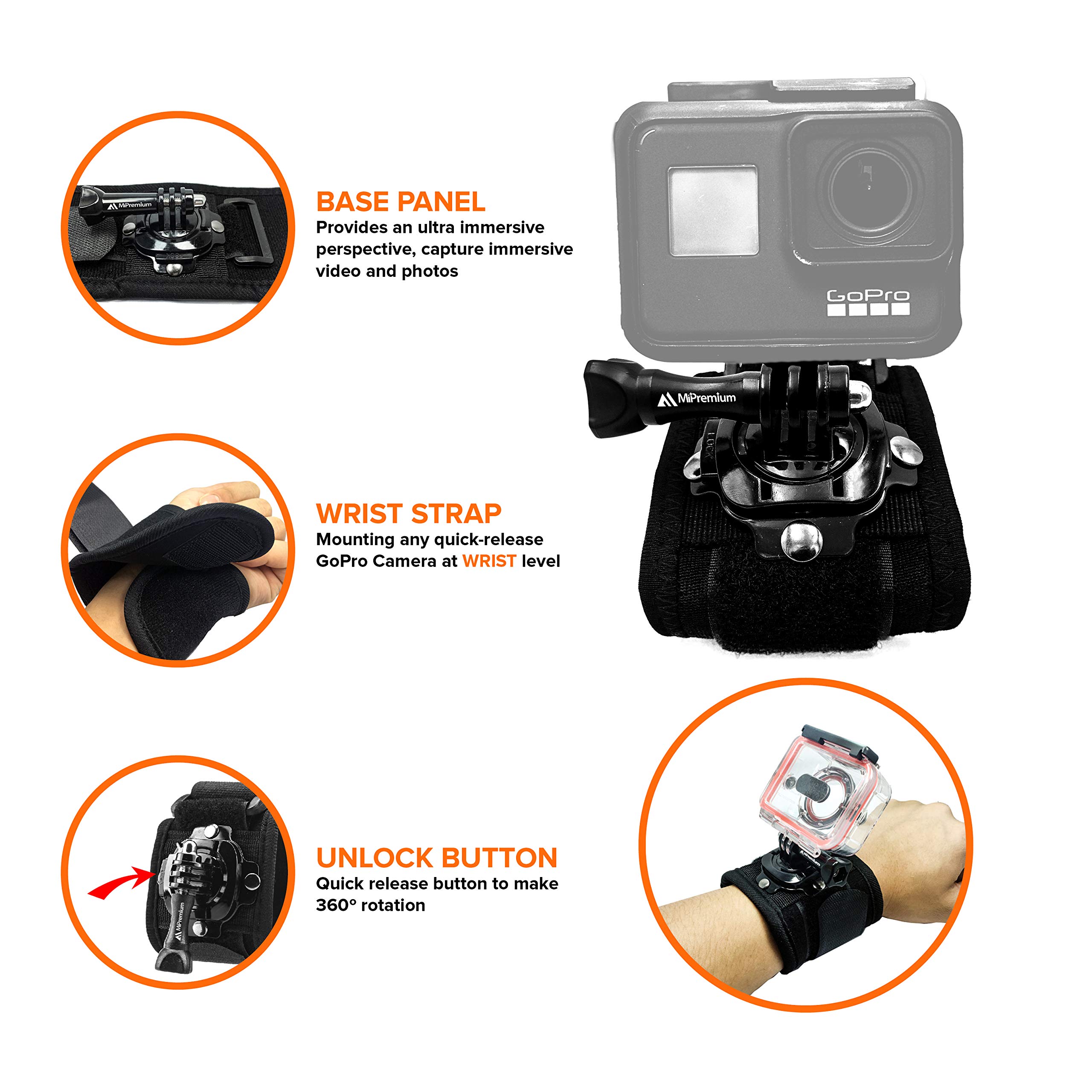 MiPremium Uchwyt paska na nadgarstek do GoPro Session czarny srebrny Hero 8 7 6 5 4 3 3+ 2 XIAOYI 4K SJCAM Xiaomi Yi EKEN Akaso regulowany uchwyt na ramię rowerowe do kamery sportowej i akcesoria