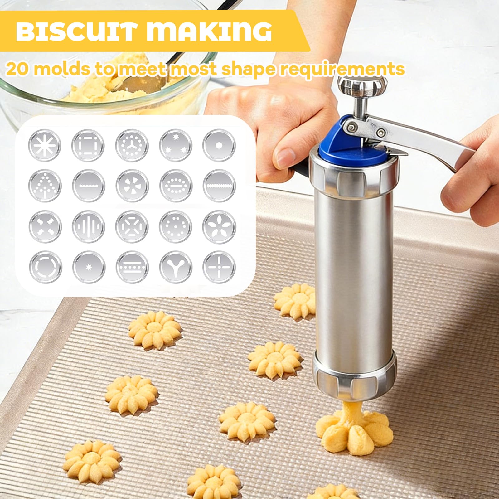 Presse per Biscotti Acciaio Inossidabile, Spara Biscotti con da 20 Stampi e 8 Beccucci in Acciaio Inossidabile Lavabile in Lavastoviglie per Decorare Torte, Dessert e Fatti in Casa