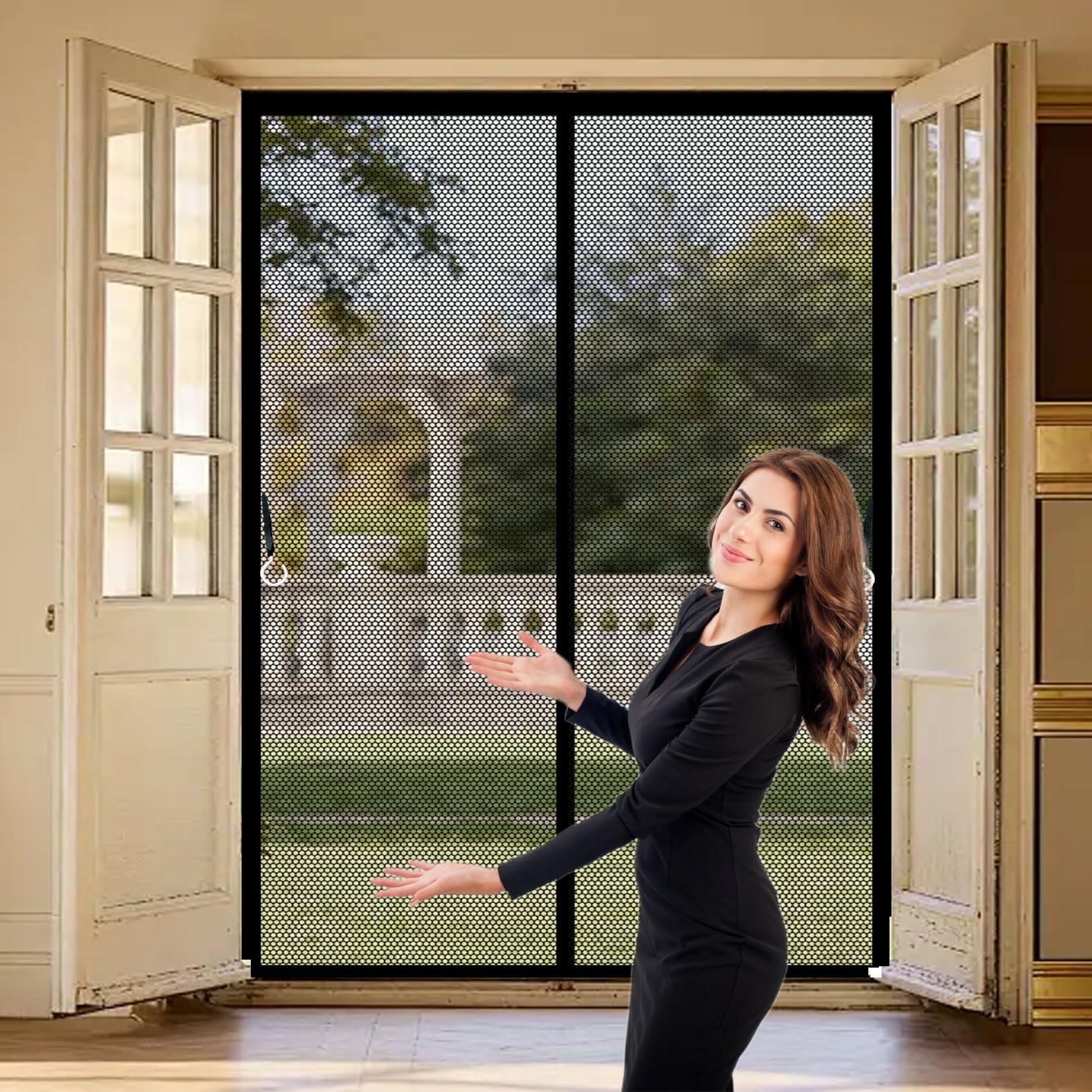 Liujyuan Black Magnetic Fly Screen Door 96 X 153 Cm Frame Hook & Loop, Powerful Magnets Fly Screens For Doors Lets Fresh Air, Easy To Install Pet And Kid Friendly,