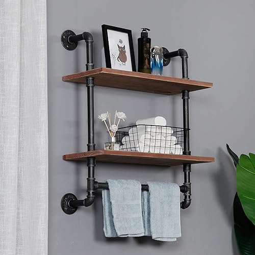 Miniatura 7 de SSS Furniture Estante industrial de tubería para baño, estantes de pared montados en la pared, 2 niveles de 19.6 pulgadas de madera rústica,
