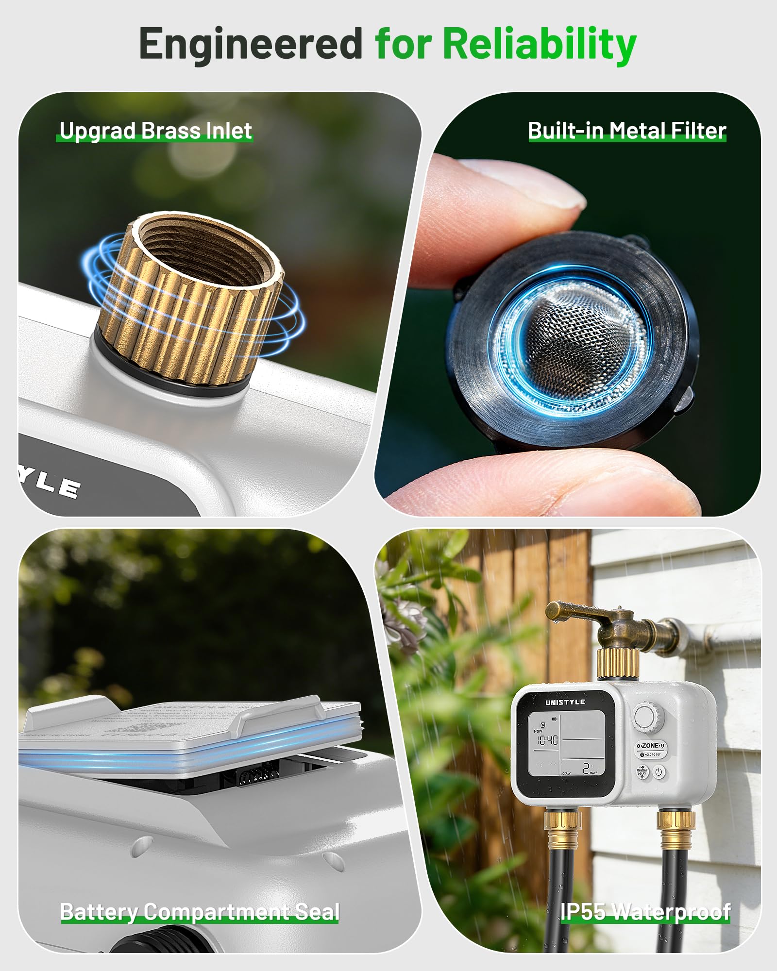 Timer a 2 zone con ingresso in ottone, fonti d'acqua a bassa pressione, valvola a sfera Unistyle per tubo da giardino, ritardo della pioggia, controllo manuale, irrigazione automatica per timer per