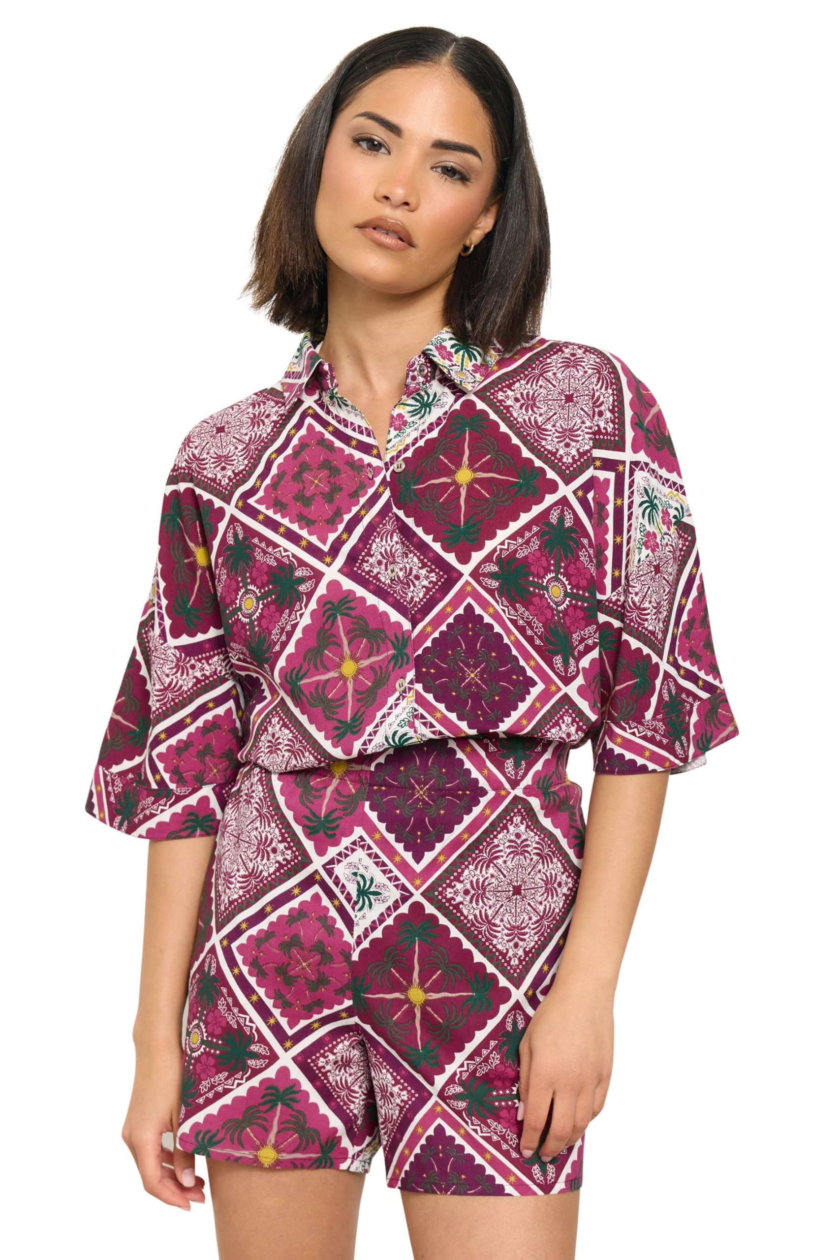 PixieGirl Women's Petite Tile Print Short Sleeve Shirt in Purple | Size: 10