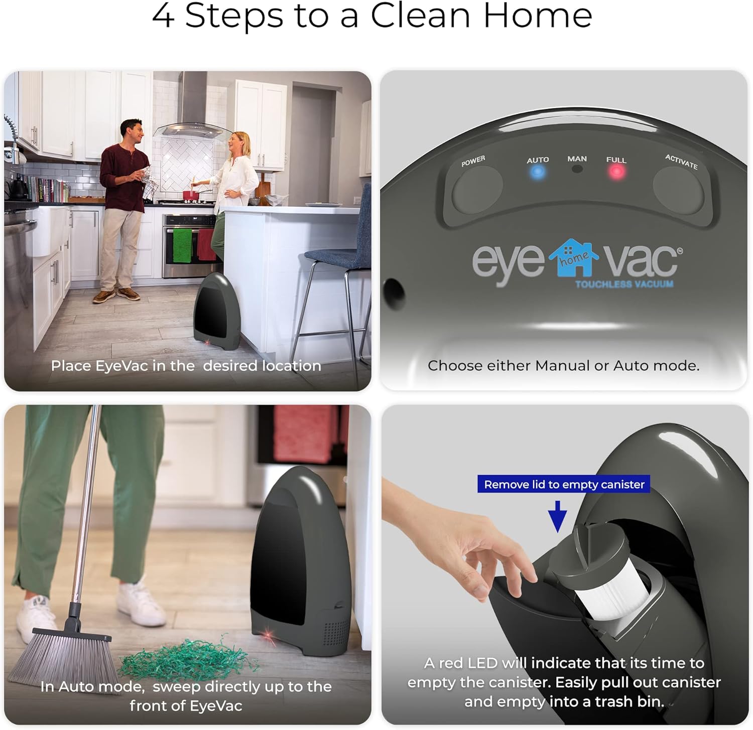EyeVac Home Touchless Vacuum, Dual High Efficiency Filtration, Corded, Bagless, Automatic Sensors, 1000 Watt (Stone w/Black Canister) (Renewed)