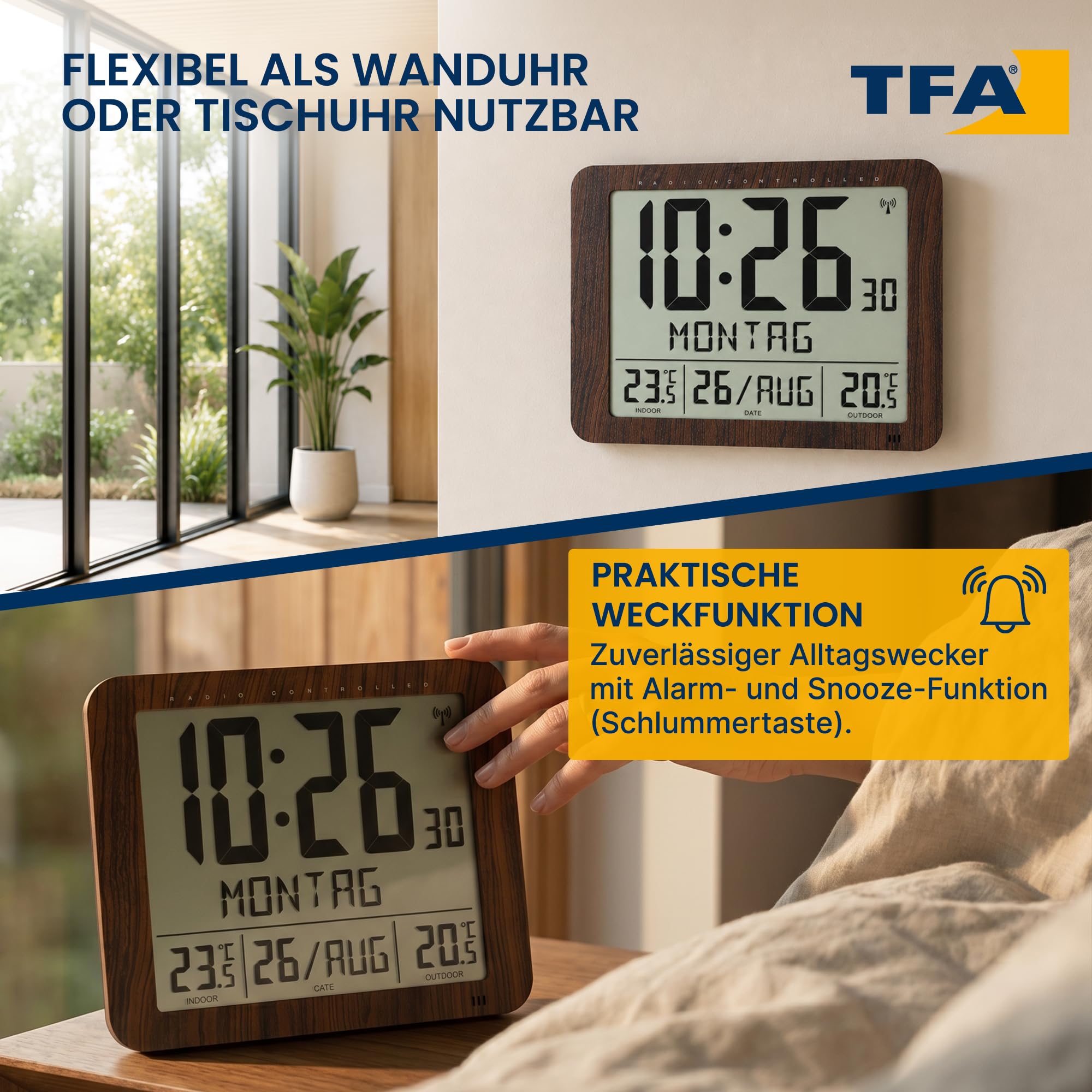TFA Dostmann Digitale Wanduhr mit Holz Optik, 60.4518.08, inkl Funkuhr mit Außensender, Innen- und Aussentemperatur, gut ablesbar, mit Datum und Wochentag, für Wohnzimmer oder Küche geeignet, braun