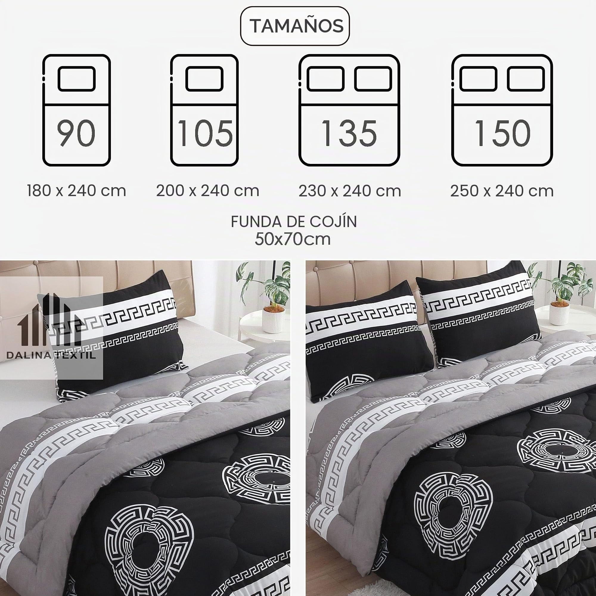 DALINA Edredon Invierno Cama 150 (Set: 1Edredon 250x240cm + 2 Fundas 50x70cm) - Relleno Nordico 100% Poliéster Suave y Calentador, Estampado Bicolor Reversible