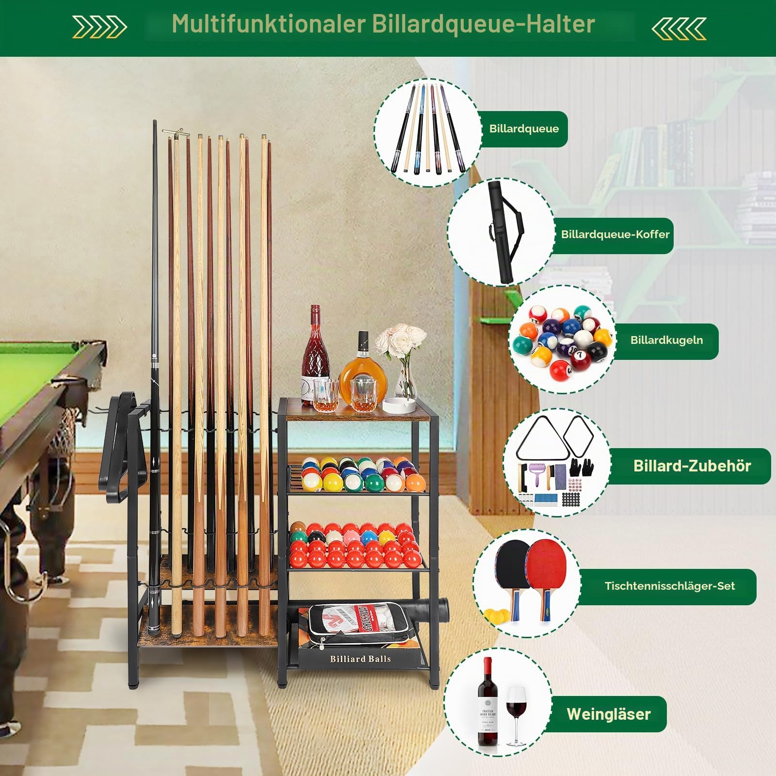 Bikoney Billard Queue Halter für 12 Stöcken, Ständer Poolqueues mit Ballaufbewahrung, Großer Organizer für Billardzubehör, Queue-Halter für Spielzimmer, Billard-Ausrüstungsständer