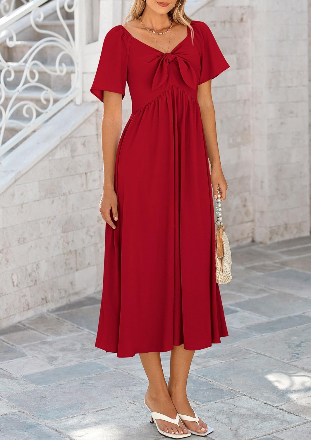 PRETTYGARDEN Summer Dress for Women 2026 Casual Short Sleeve Bow Tie V Neck Ruffle Midi Flowy Dresses - Image 7