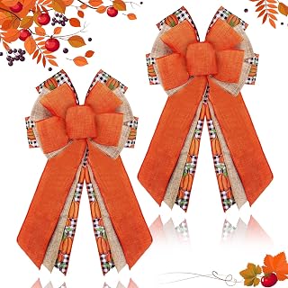 2 Pcs Fall Bow Wreath Thanksgiving Wreath Burlap Bow Fall Orange Pumpkin Wreath Bow Decor Buffalo Plaid Bow Tree Topper for Indoor Outdoor Wall Party Decoration, 10 x 18 Inch (Elegant Style)