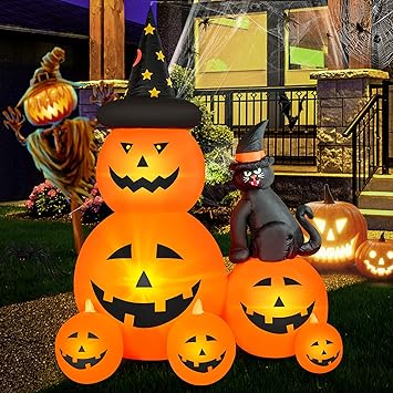 HOPOCO 6 FT Halloween Inflatable Decorations Spooky Ghost Pumpkin Lighted and Witchs Cat, Halloween Decorations Outdoor Inflatables Pumpkin Combo with Build-in LED Blow Up Inflatables for Yard Garden
