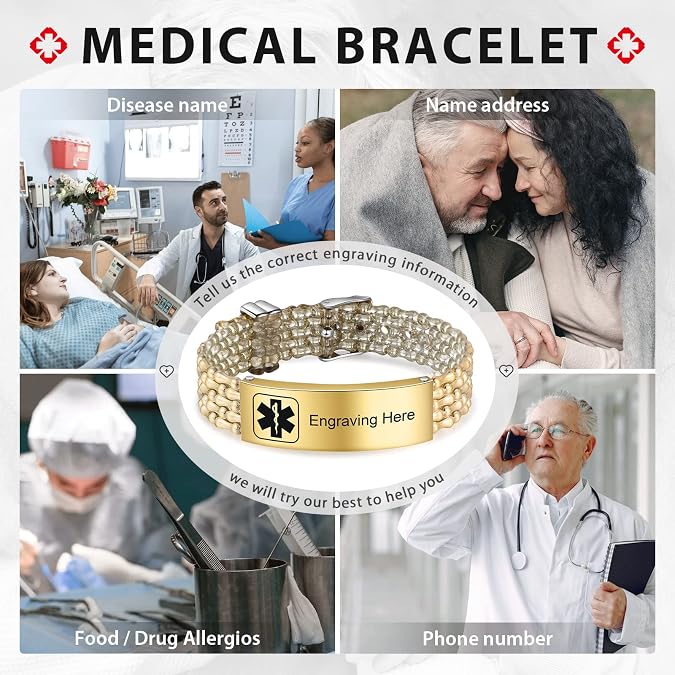 Personalized Medical Alert Bracelet for Men Custom Engraving Medical Alert ID Bracelets Adjustable Stainless Steel Bracelet for Men