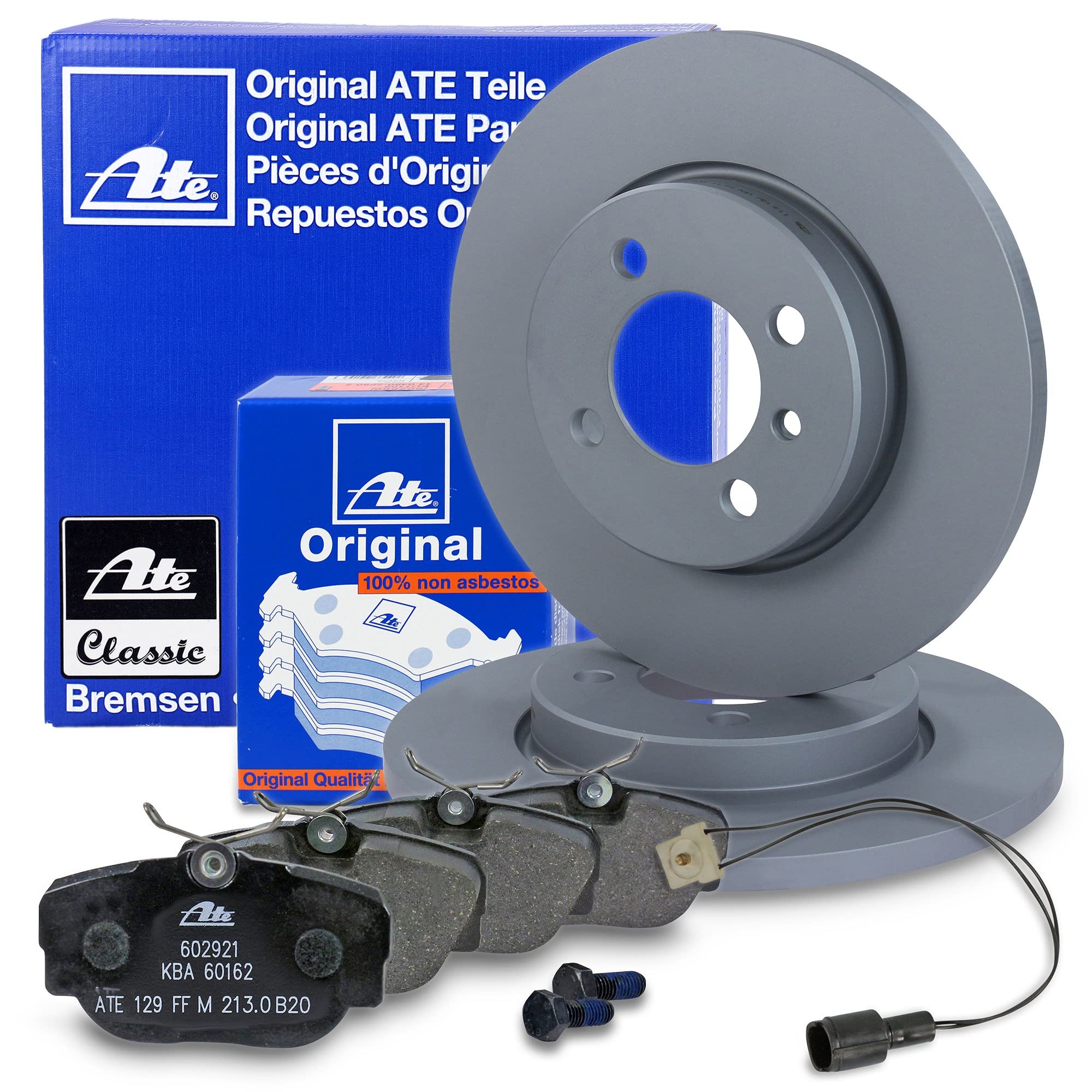 ATE Bremsenset Vorderachse inkl. Bremsscheiben vorne Ø 260 mm voll und Bremsbeläge vorne + Verschleißkontakt Kompatibel mit BMW 3er (E30)