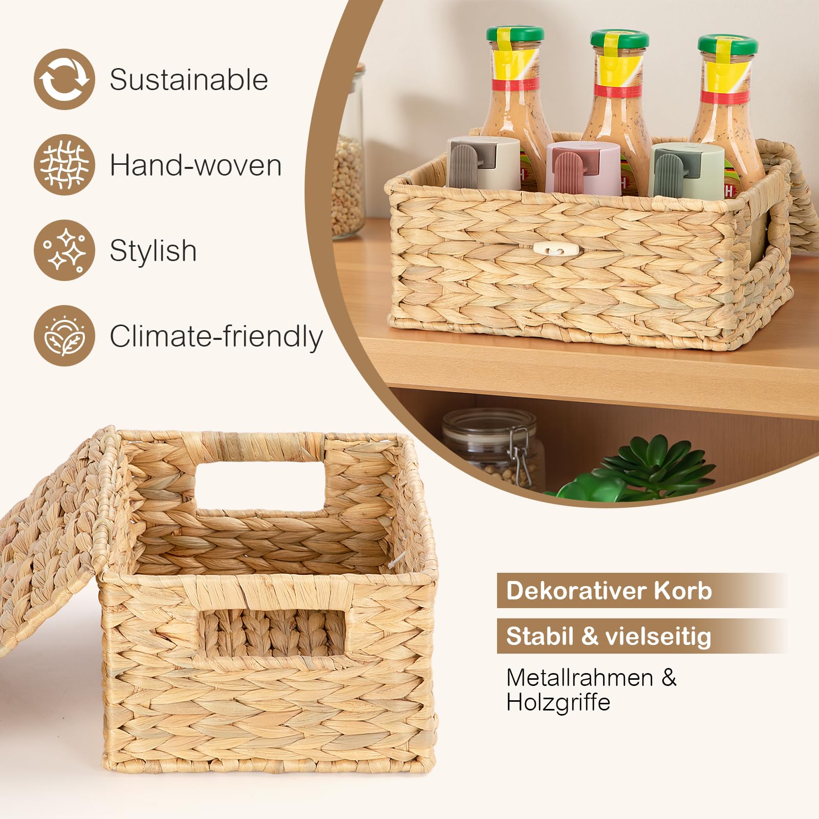 Cesta Mimbre - Cestas de Mimbre con tapas - Cestas de Almacenamiento con Asas - Caja para Baño, Cocina o Decoración del Hogar - 28,5 x 20 x 14 cm