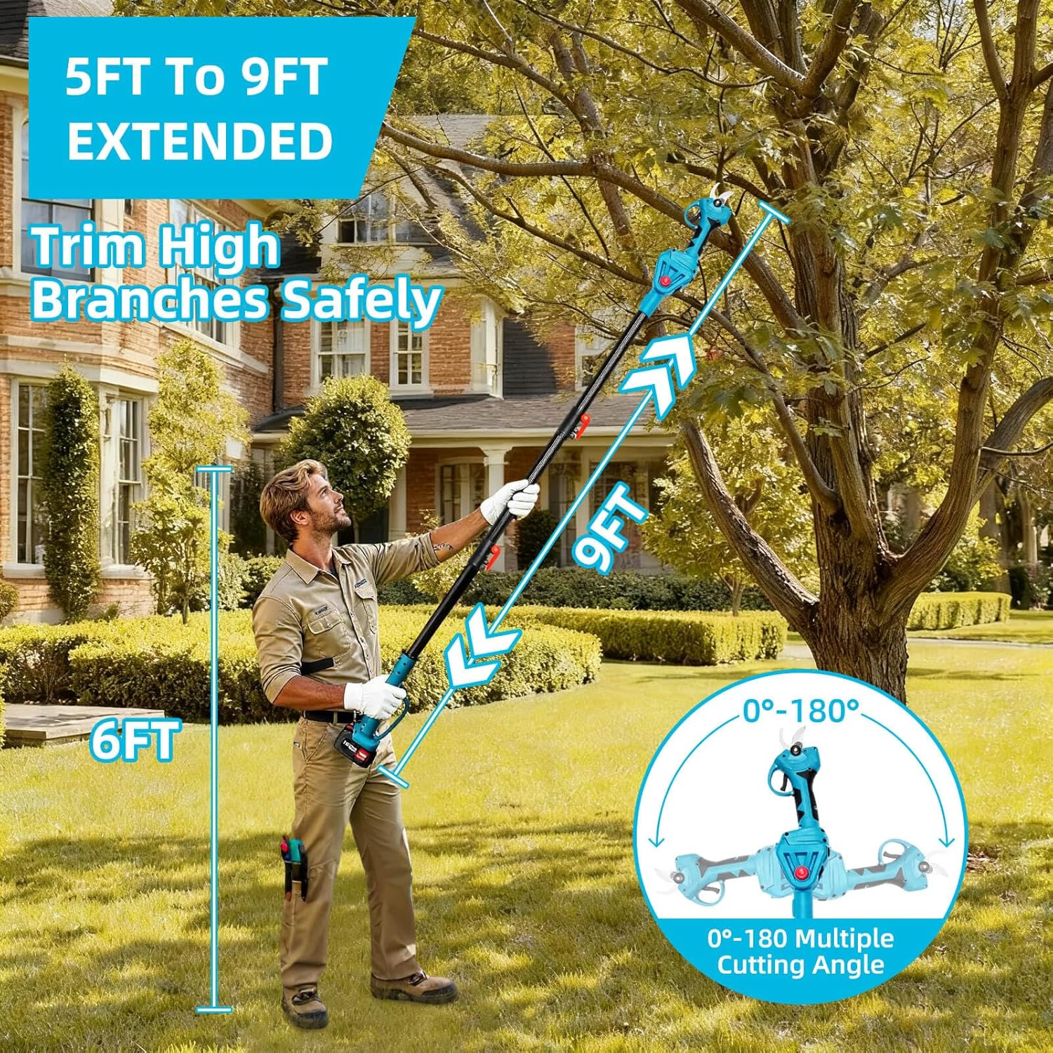2-IN-1 Brushless Pole Pruning Shear, 2 * 2000mAh Battery, 15ft Reach 1.2" Cutting Diameter, Battery Powered Cordless Electric Pruning Shears, Pole Pruner for Garden Tree Trimming Branch Cutting