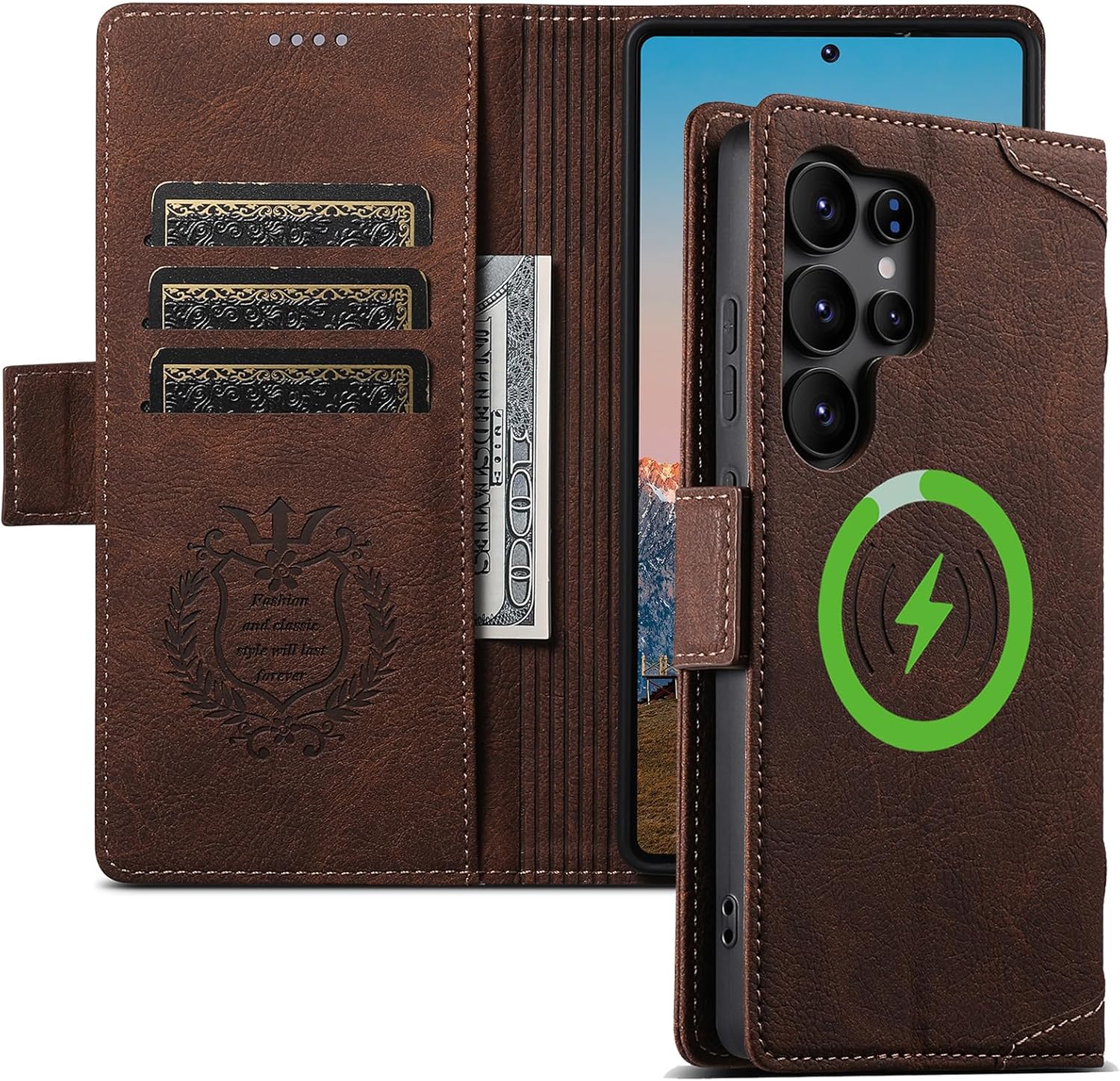Premium Brown Leather Magnetic Wallet Case for Samsung Galaxy S24 Ultra | MagSafe Compatible Wireless Charging, 3 Card Slots & ID Holder, Kickstand, 360° Military Shockproof Protection
