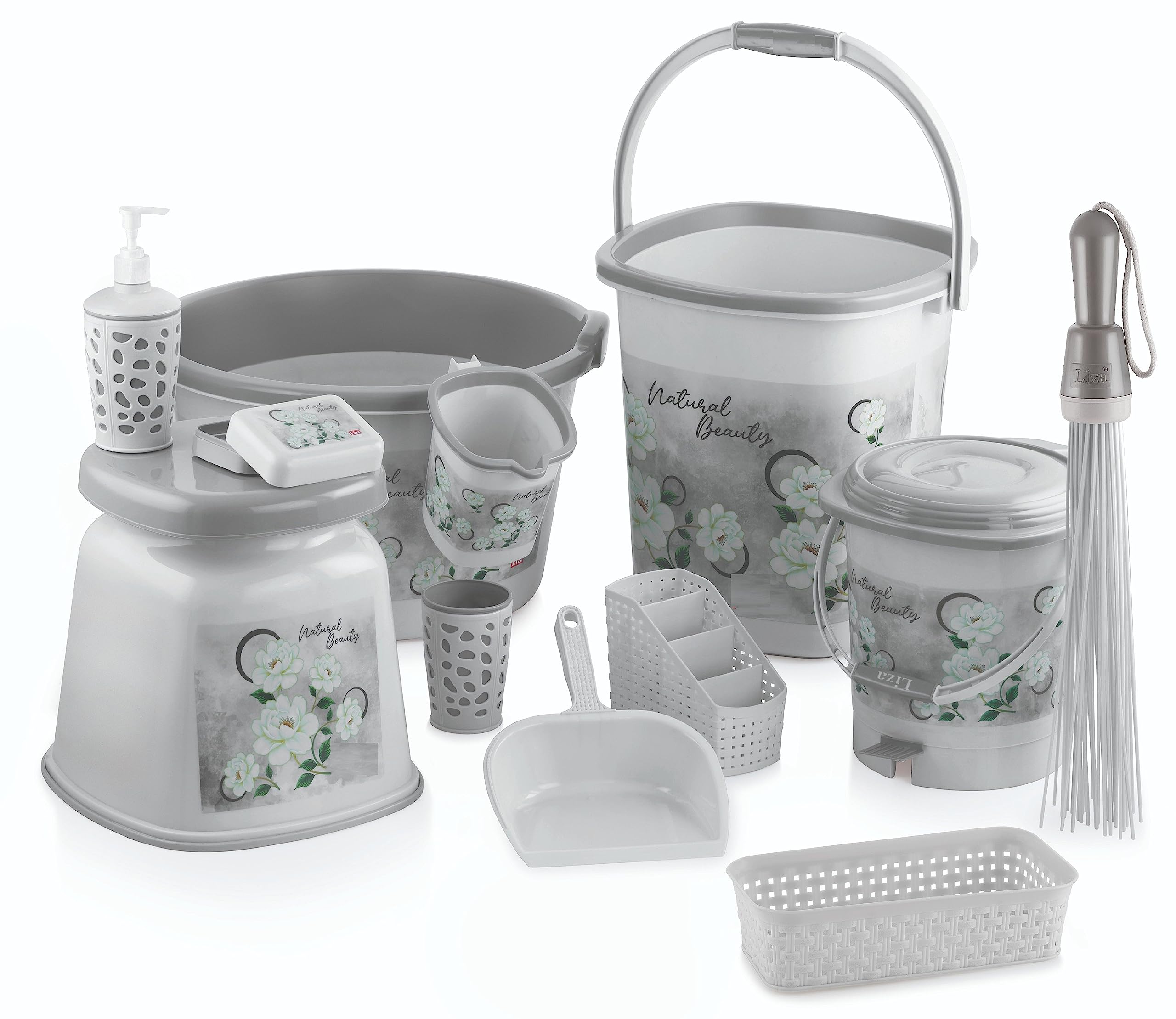 Tedemel Jumbo Blosom-12 Pc Bucket Set 25 LTR Bucket Tub 30 LTR Mug 1.5 LTR Dustbin Patla Soap Dish Organiser dust pan Stand Soap Dispenser Broom Gargle Glass, (JUMBO-Blosom-12-Grey)