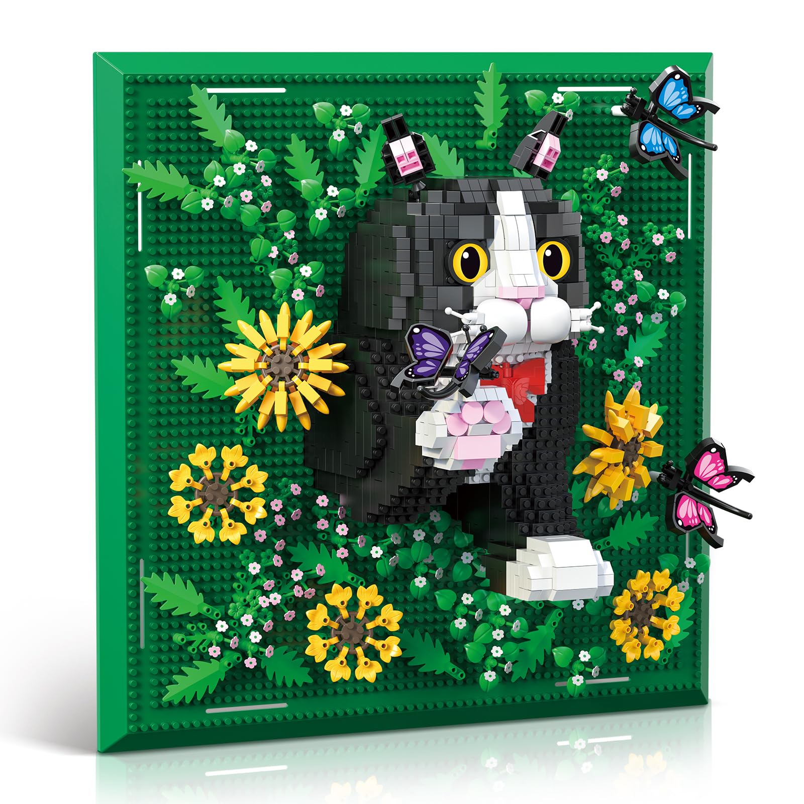 Tuxedo Cat Wall Art Mini Micro Building Set, 1898PCS 3D Mosaic Painting with Flowers & Butterflies Desktop&Wall Decor Model, Creative Animal Model Kit for Unique Gift for Cat Lovers Teens Adult