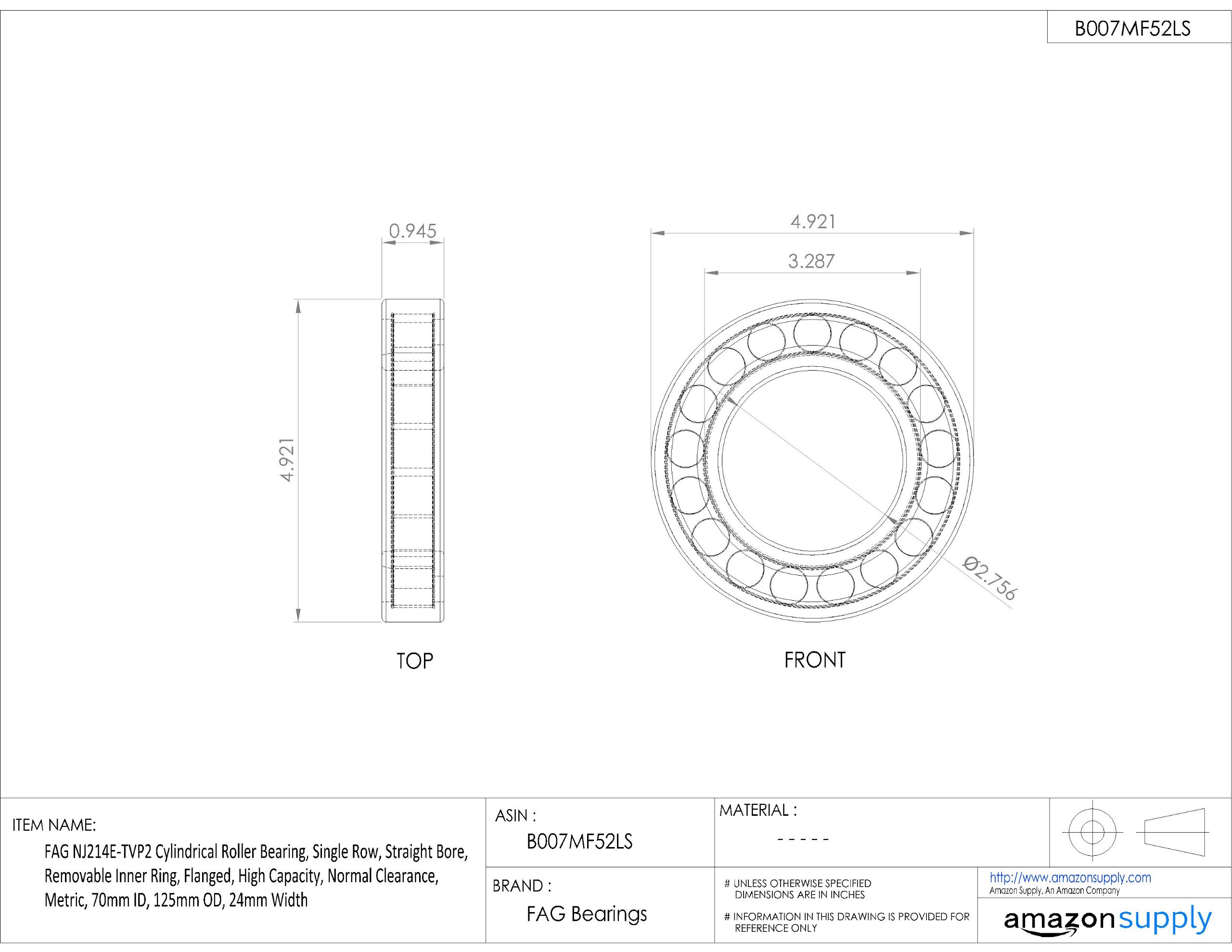 FAG nj214e-tvp2 Zylindrische Roller Bearing, einreihig, gerade Bohrung, abnehmbarer Ring, innen Flansch, Hohe Kapazität, normal Clearance, metrisches, 70 mm ID, 125 mm OD, 24 mm Breite
